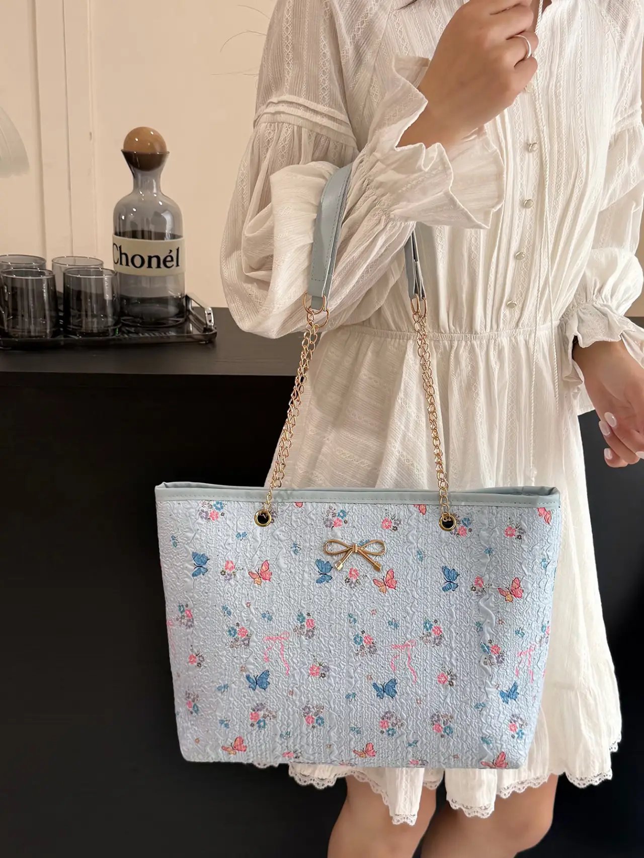 Blue Butterfly Print Shoulder Bag