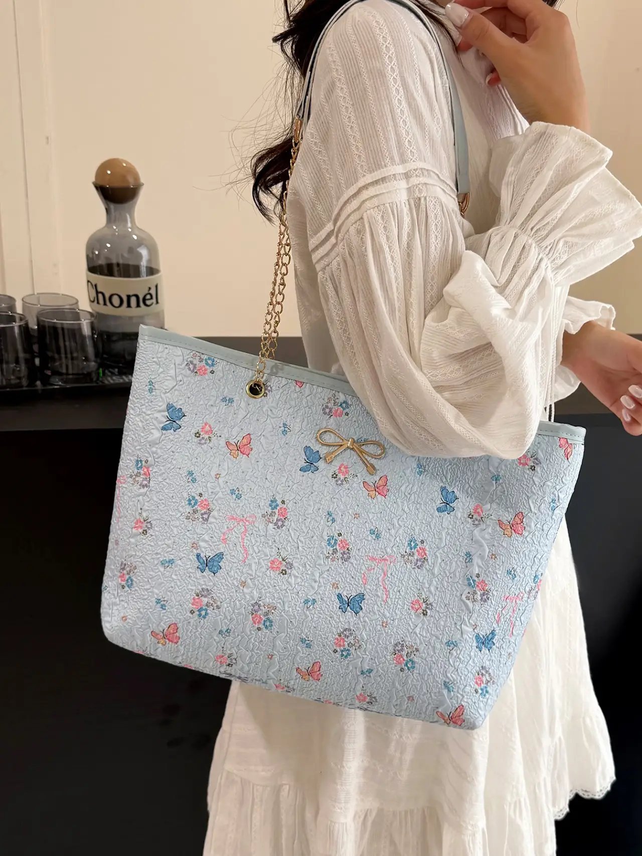 Blue Butterfly Print Shoulder Bag