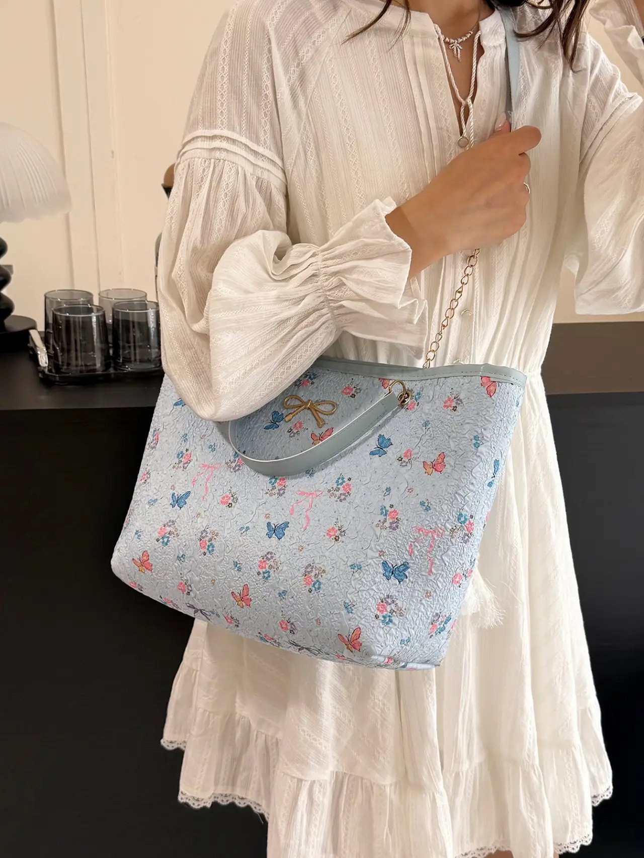 Blue Butterfly Print Shoulder Bag