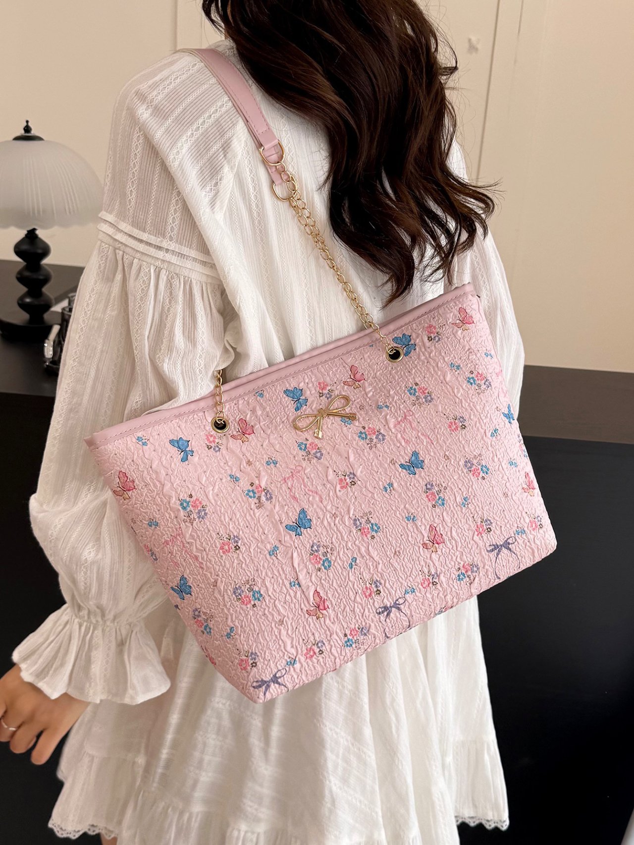Pink Butterfly and Floral Textured Crossbody Bag