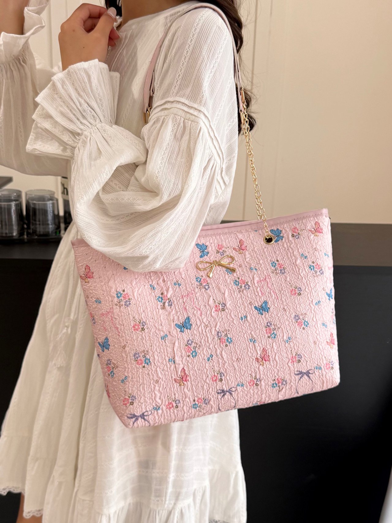 Pink Butterfly and Floral Textured Crossbody Bag