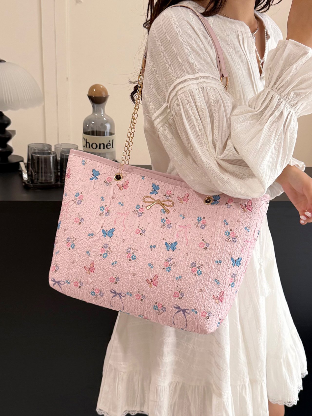 Pink Butterfly and Floral Textured Crossbody Bag
