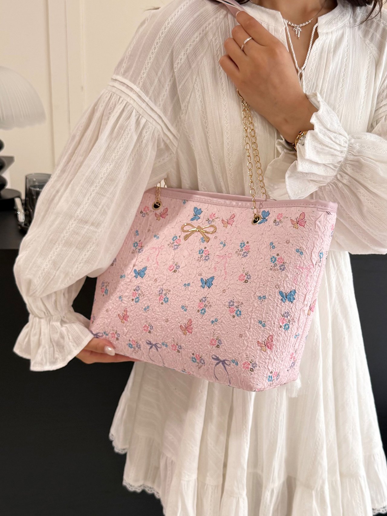 Pink Butterfly and Floral Textured Crossbody Bag