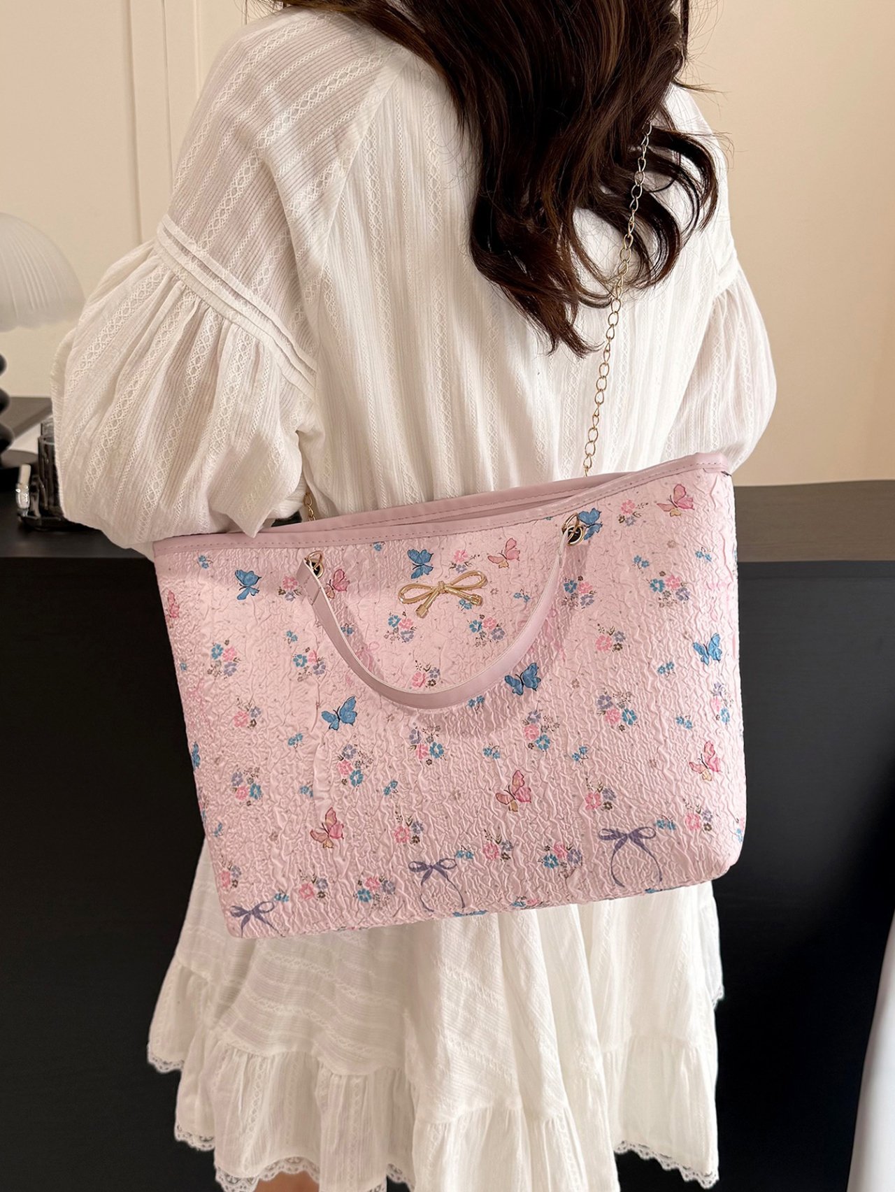 Pink Butterfly and Floral Textured Crossbody Bag