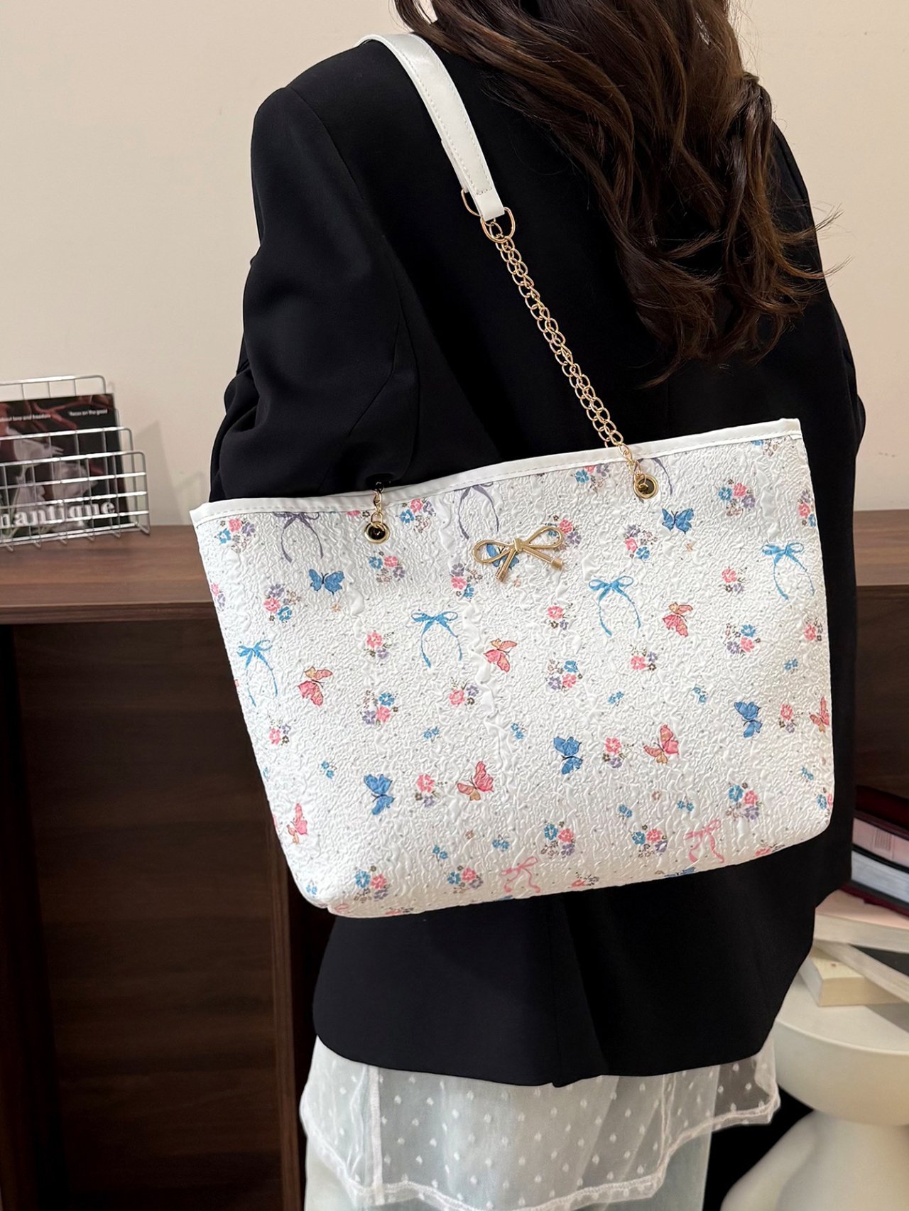 Floral and Butterfly Beige Tote Bag with Chain Strap