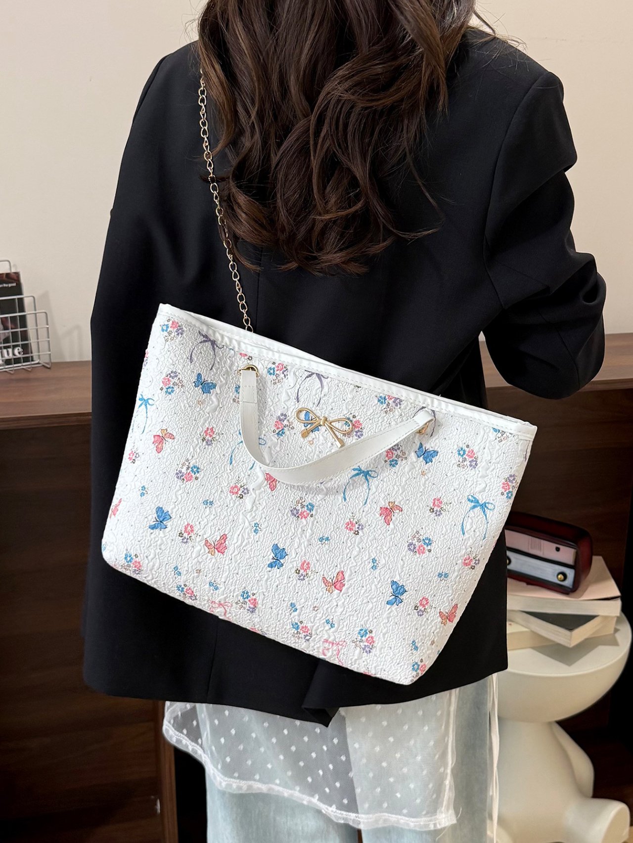 Floral and Butterfly Beige Tote Bag with Chain Strap