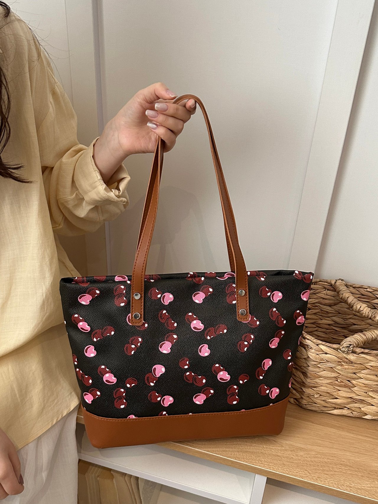 Black Cherry Print Shoulder Tote Bag