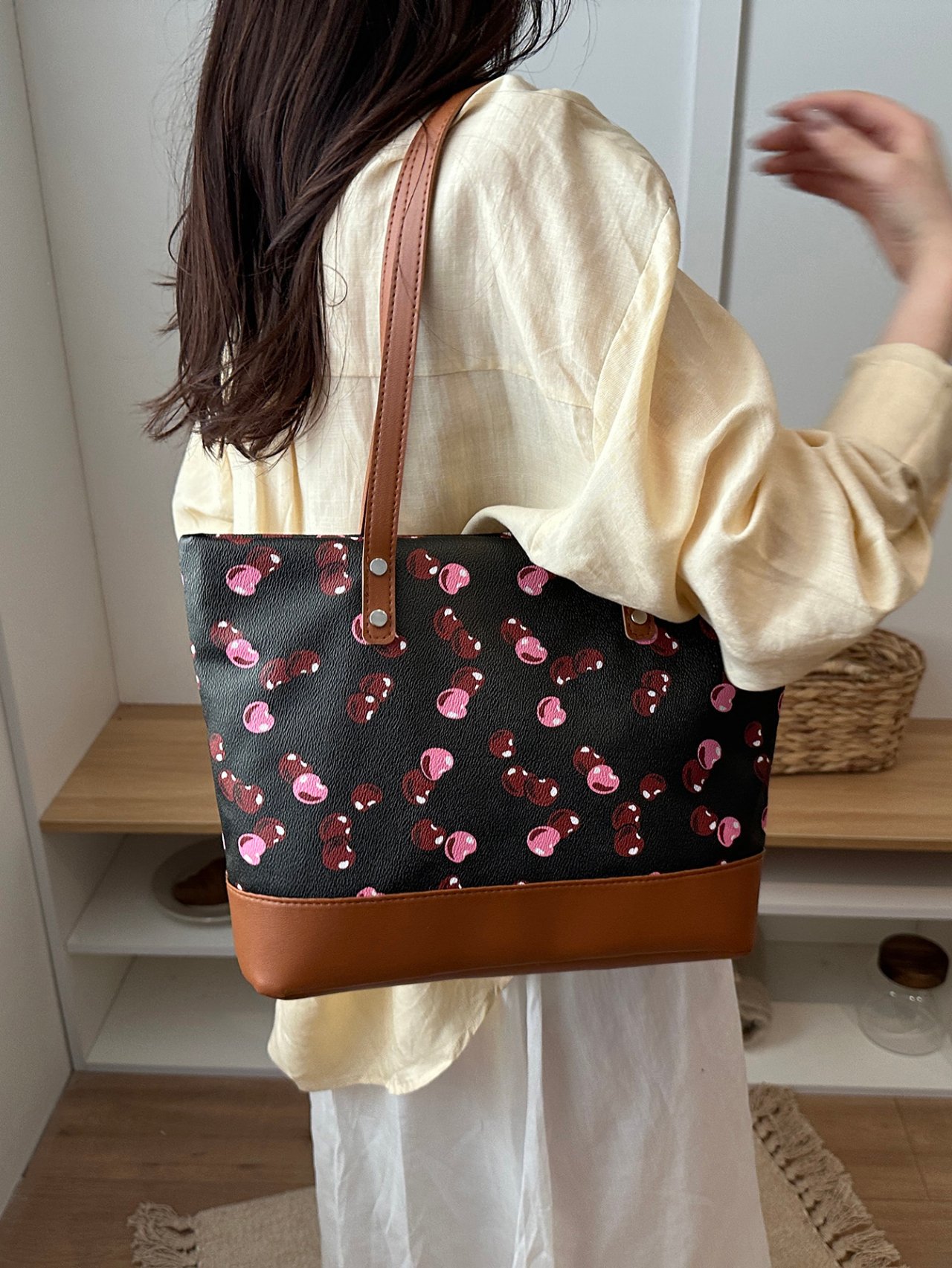 Black Cherry Print Shoulder Tote Bag