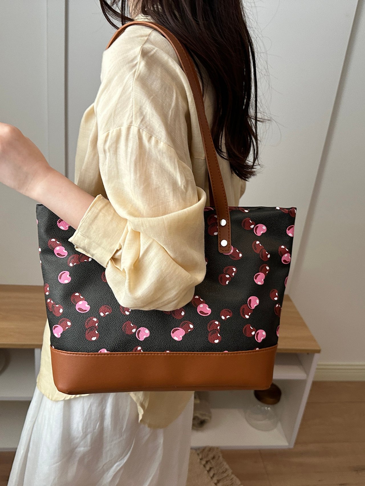 Black Cherry Print Shoulder Tote Bag