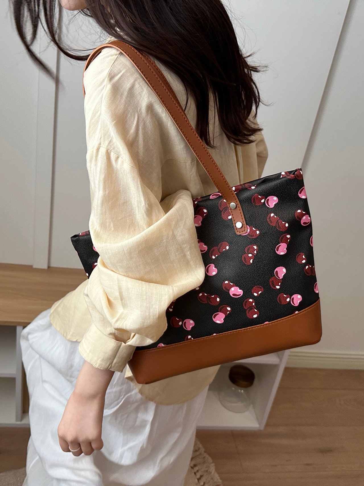 Black Cherry Print Shoulder Tote Bag