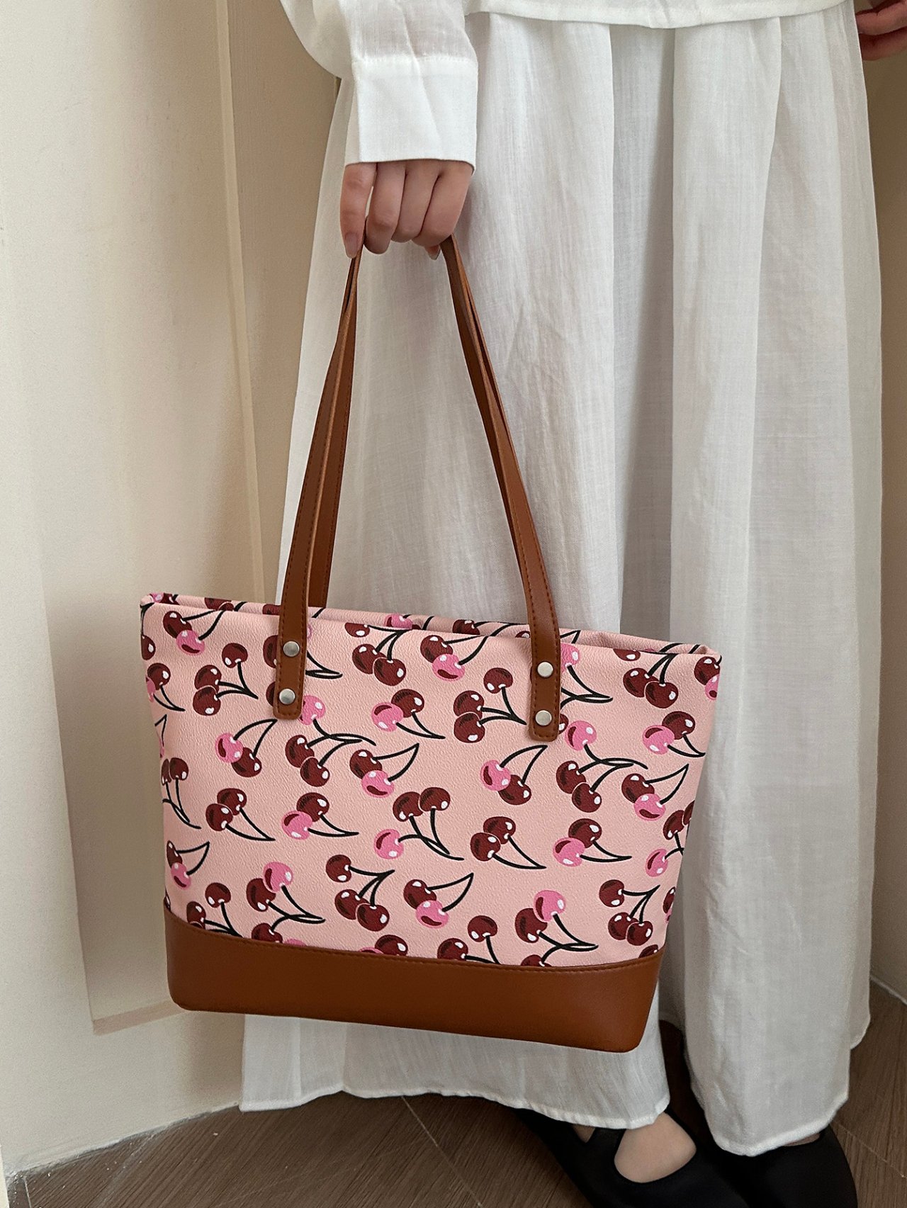 Pink Cherry Print Shoulder Bag