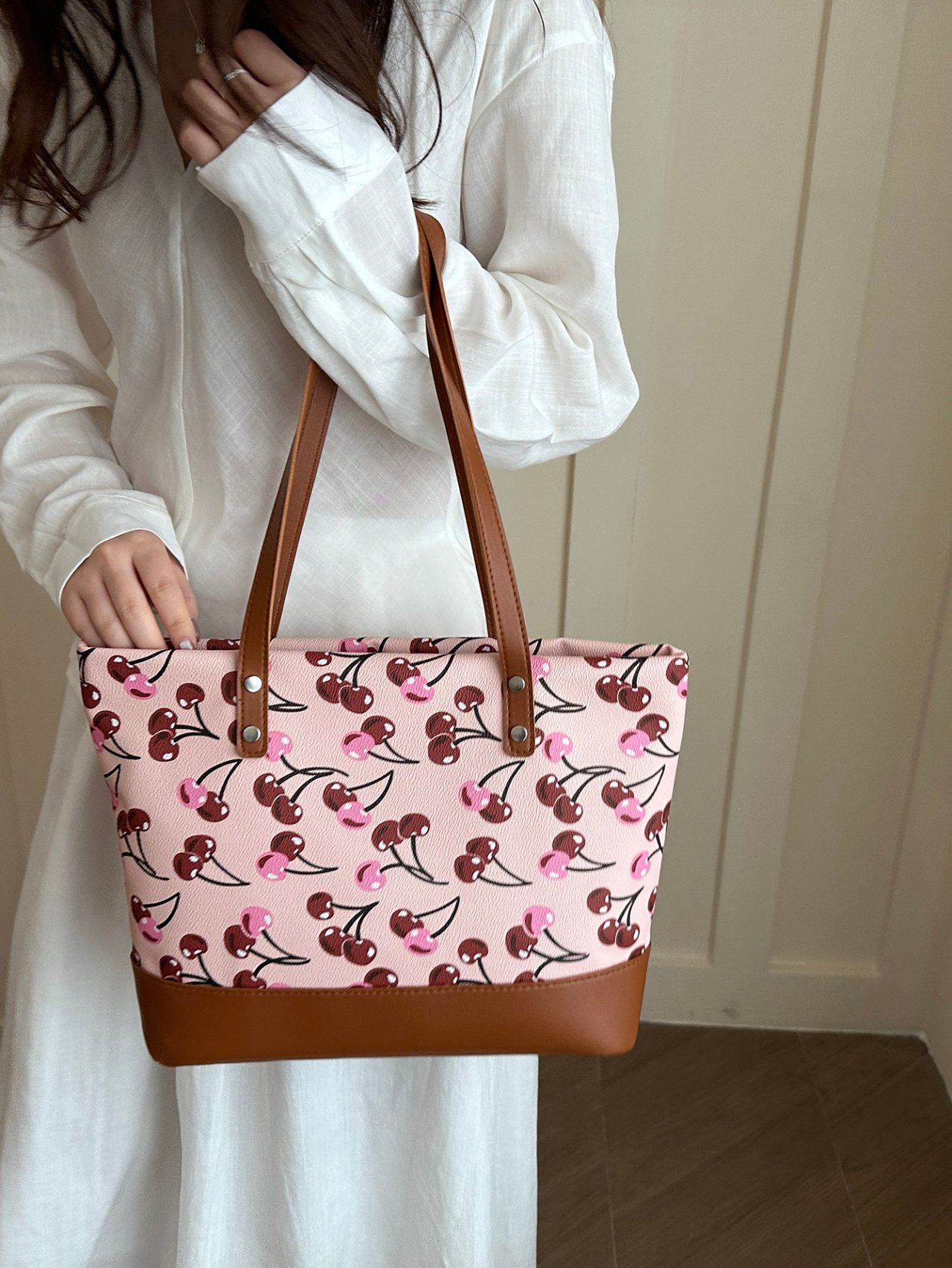 Pink Cherry Print Shoulder Bag
