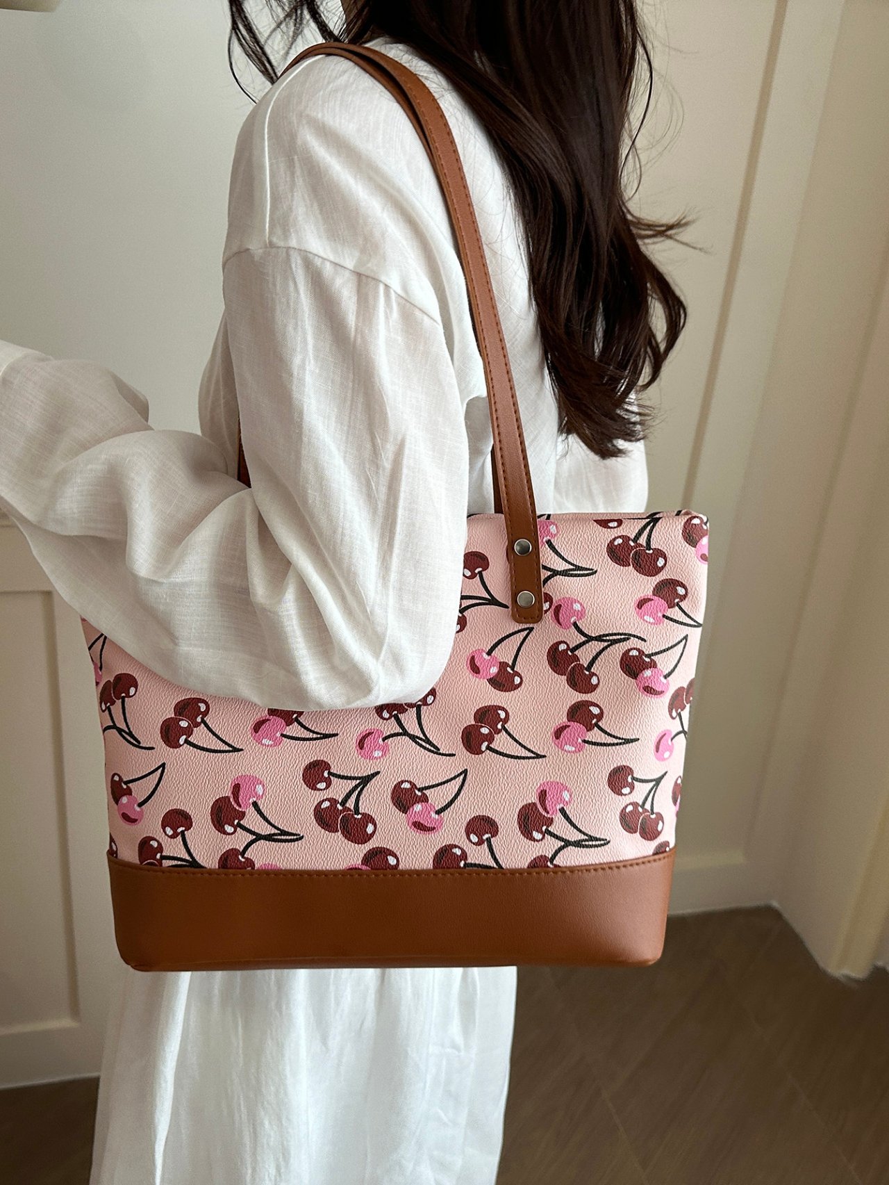Pink Cherry Print Shoulder Bag