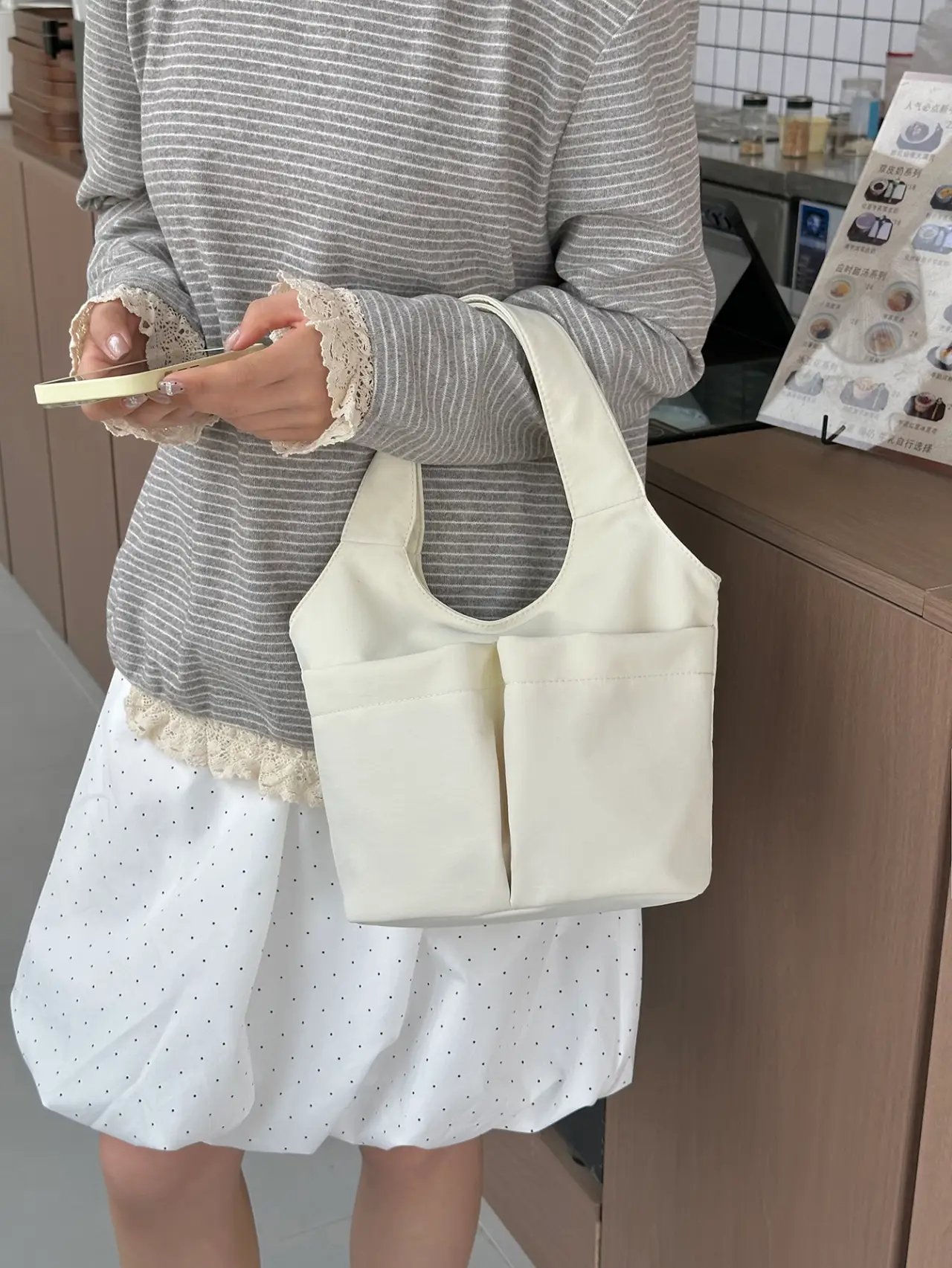 Beige Solid Handbag with Pocket