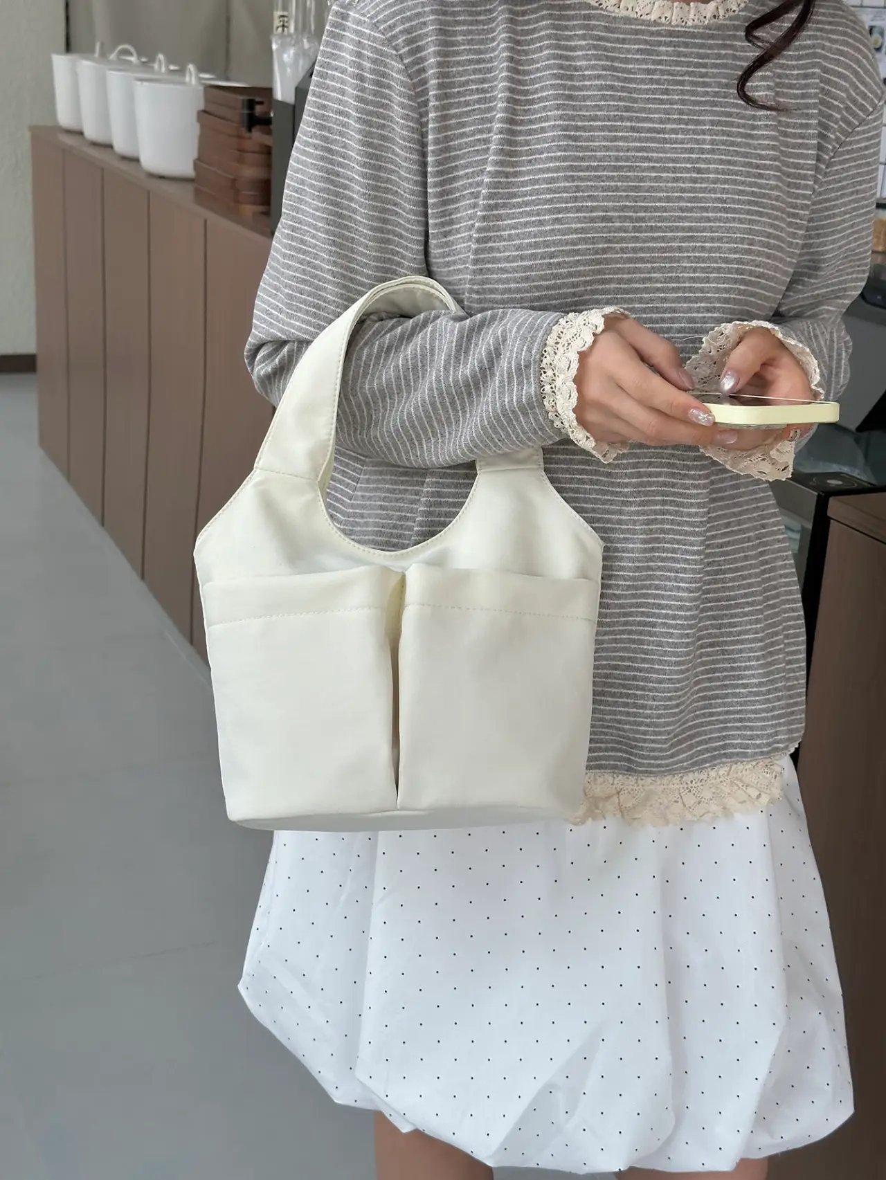 Beige Solid Handbag with Pocket