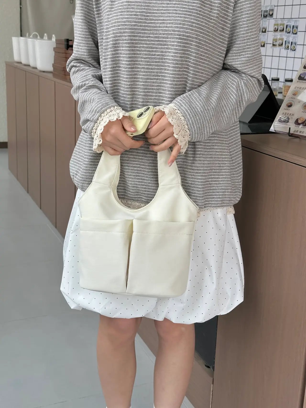 Beige Solid Handbag with Pocket