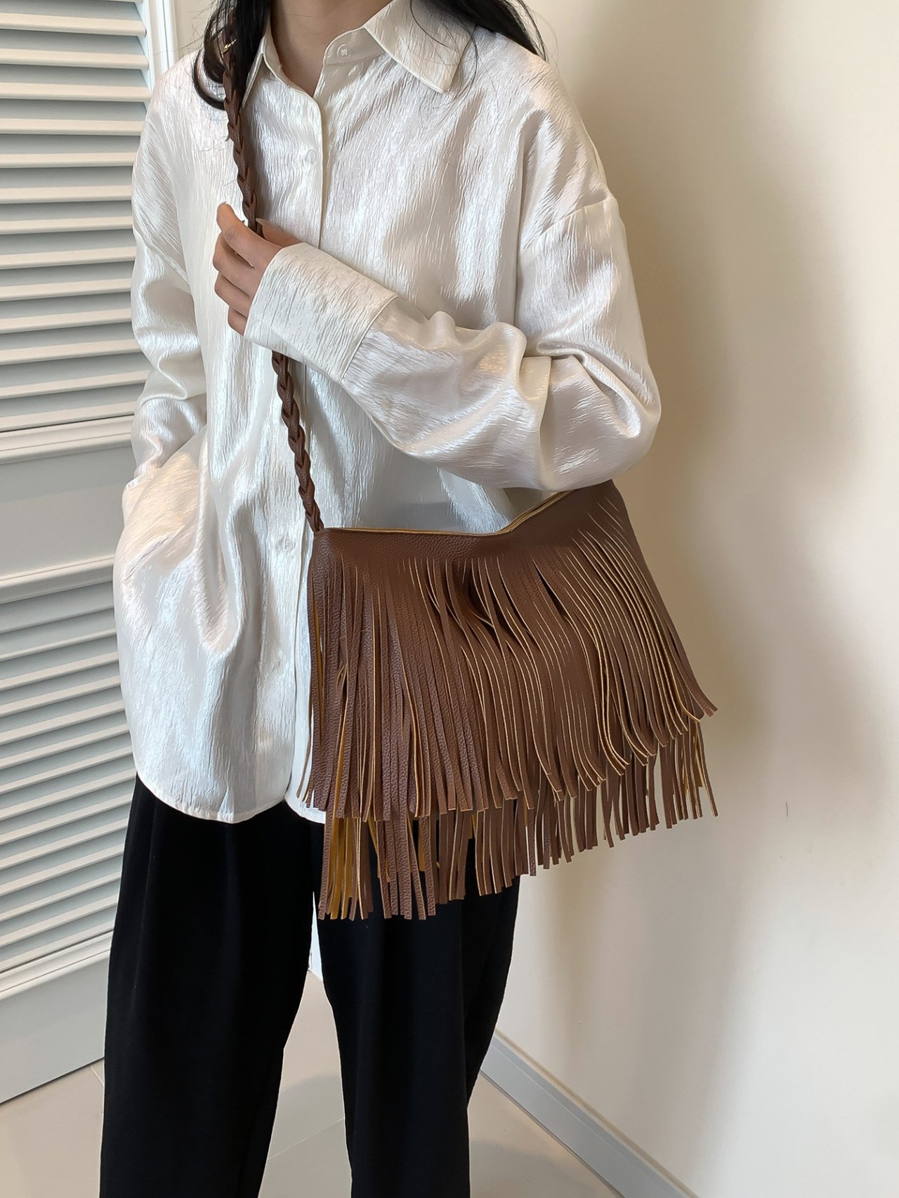 Coffee Brown Fringe Shoulder Bag