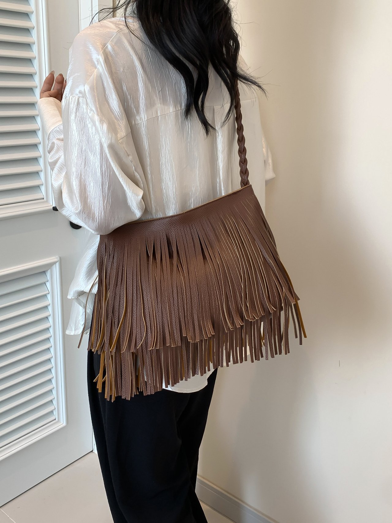 Coffee Brown Fringe Shoulder Bag