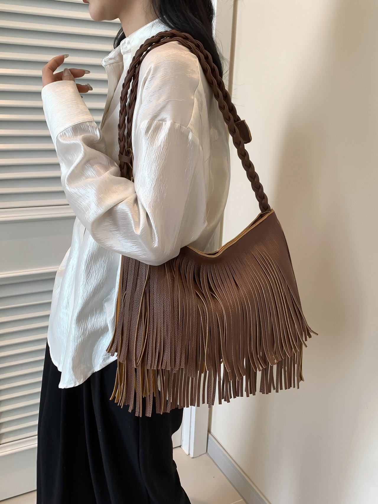 Coffee Brown Fringe Shoulder Bag