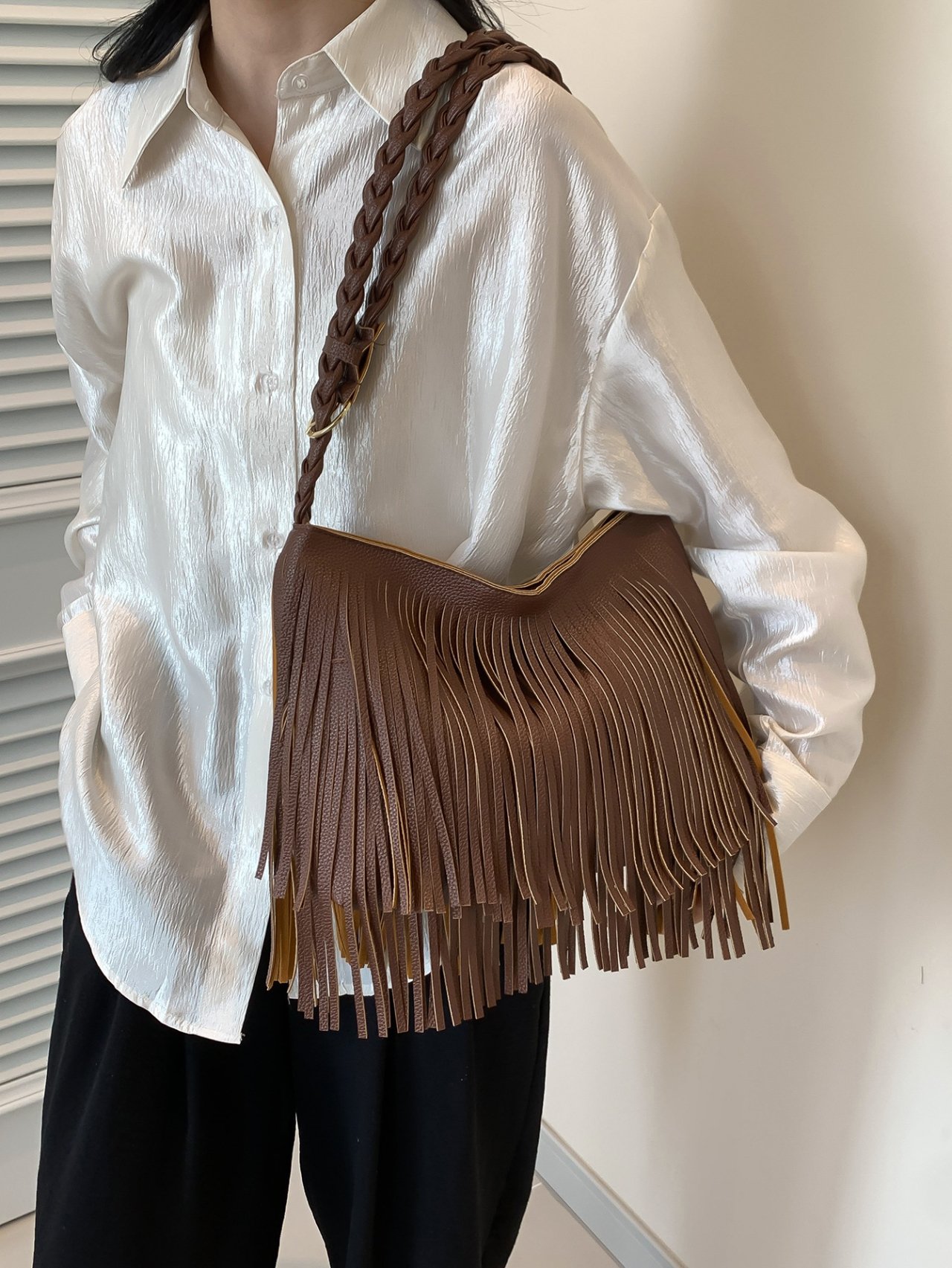 Coffee Brown Fringe Shoulder Bag