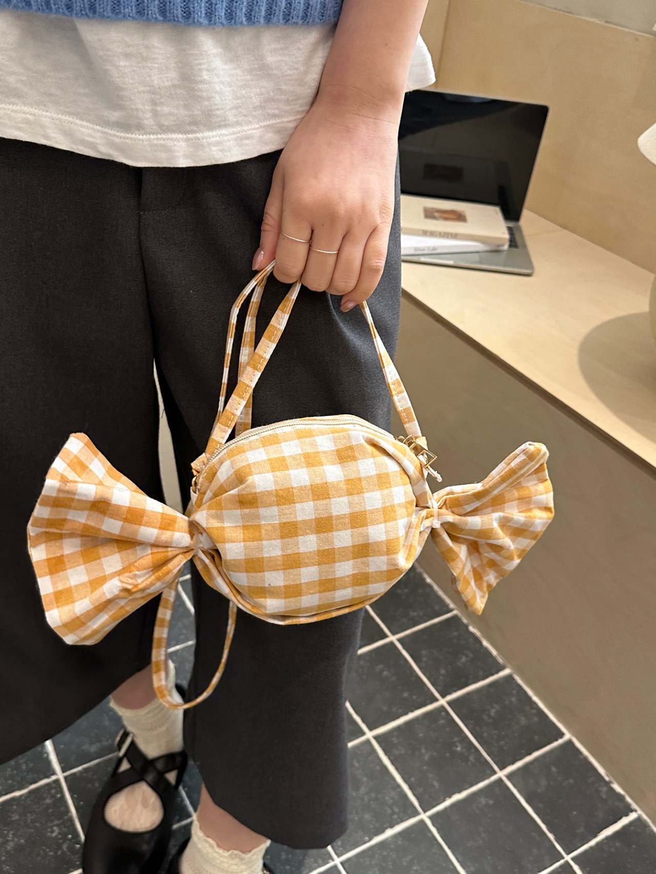 Yellow Gingham Candy-Shaped Shoulder Bag
