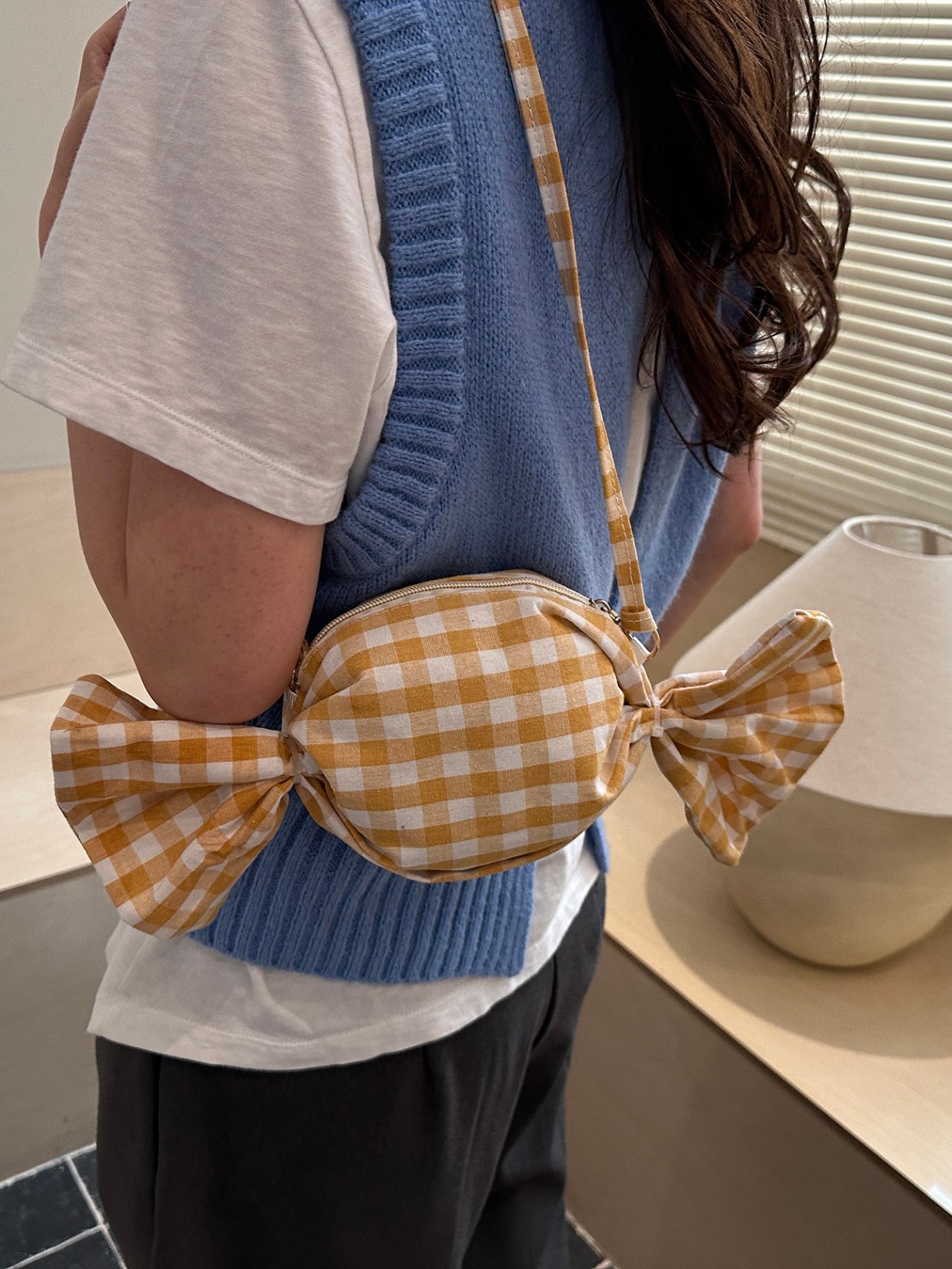 Yellow Gingham Candy-Shaped Shoulder Bag