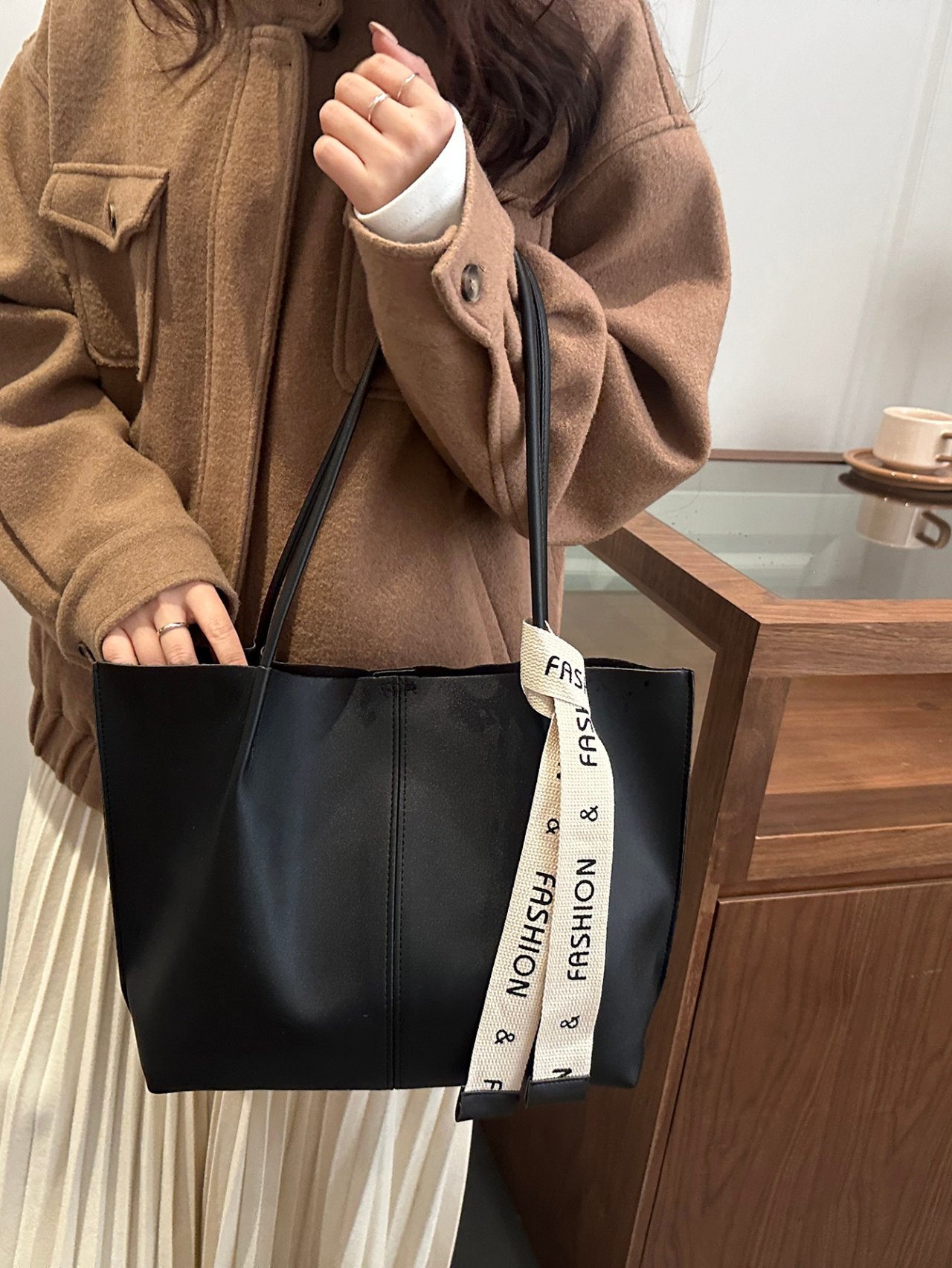 Black Tote Bag with Fashion Ribbon Detail