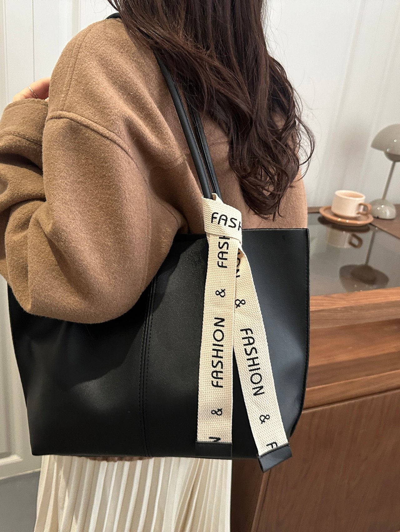 Black Tote Bag with Fashion Ribbon Detail