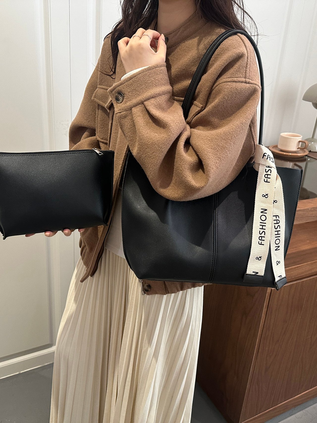 Black Tote Bag with Fashion Ribbon Detail
