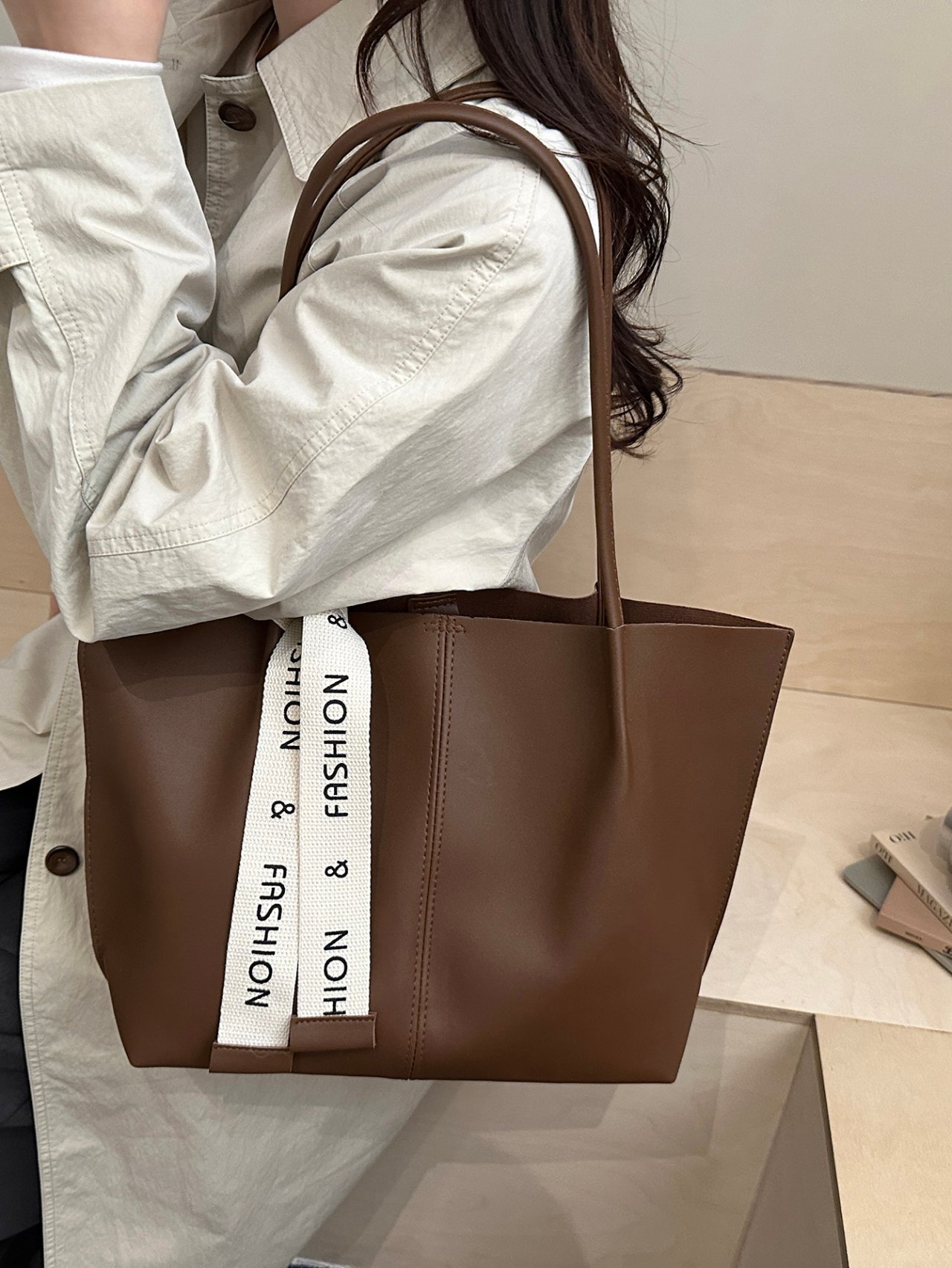 Brown Faux Leather Shoulder Bag with Fashion Strap