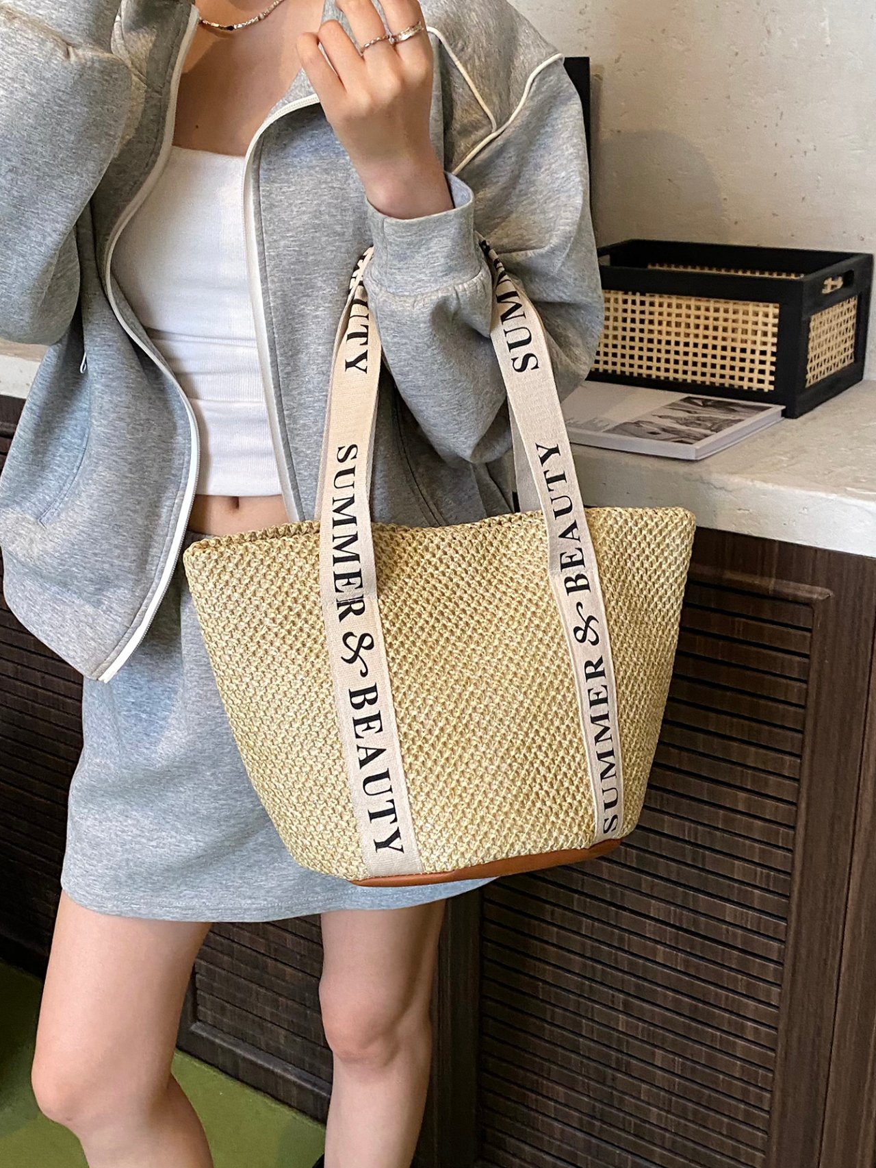 Khaki Woven Straw Shoulder Bag with Summer and Beauty Strap