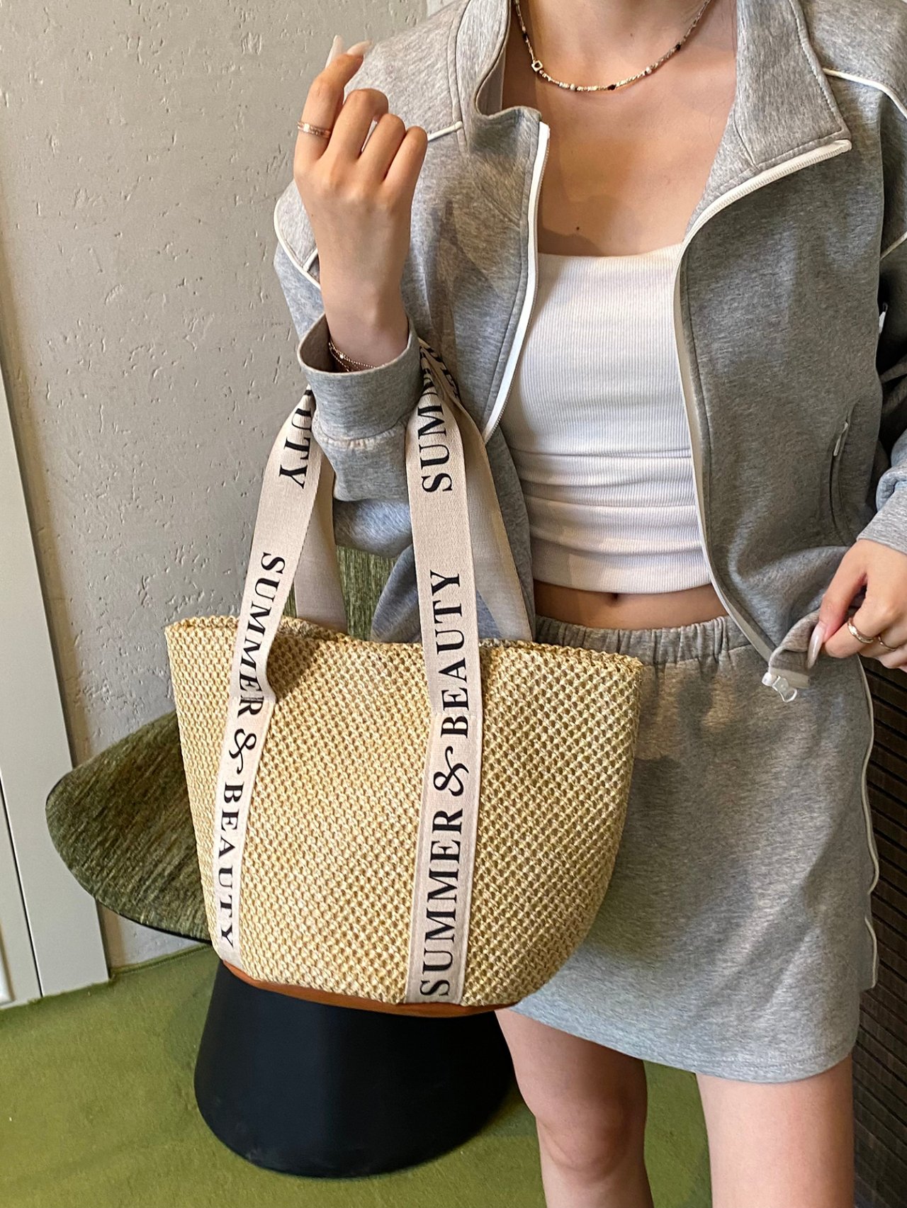 Khaki Woven Straw Shoulder Bag with Summer and Beauty Strap