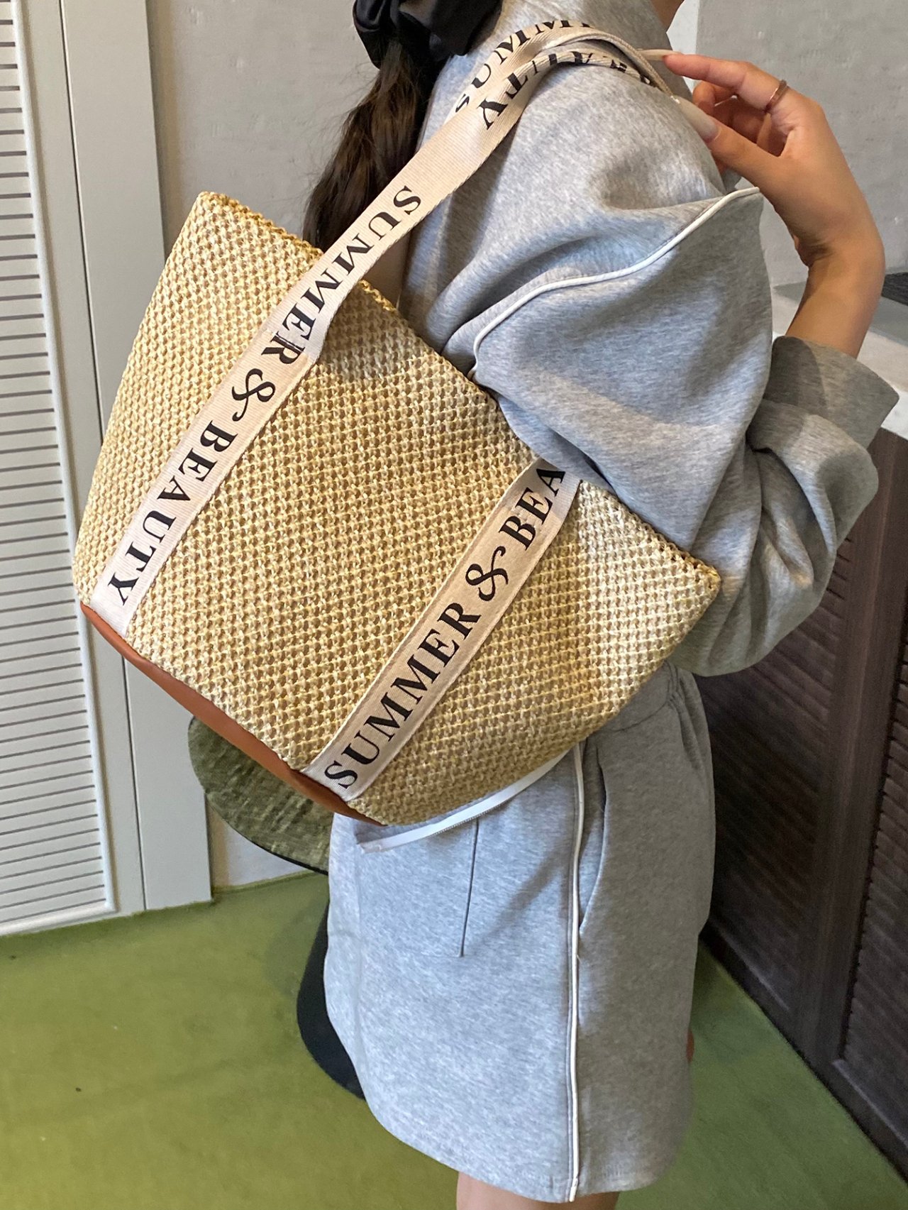 Khaki Woven Straw Shoulder Bag with Summer and Beauty Strap