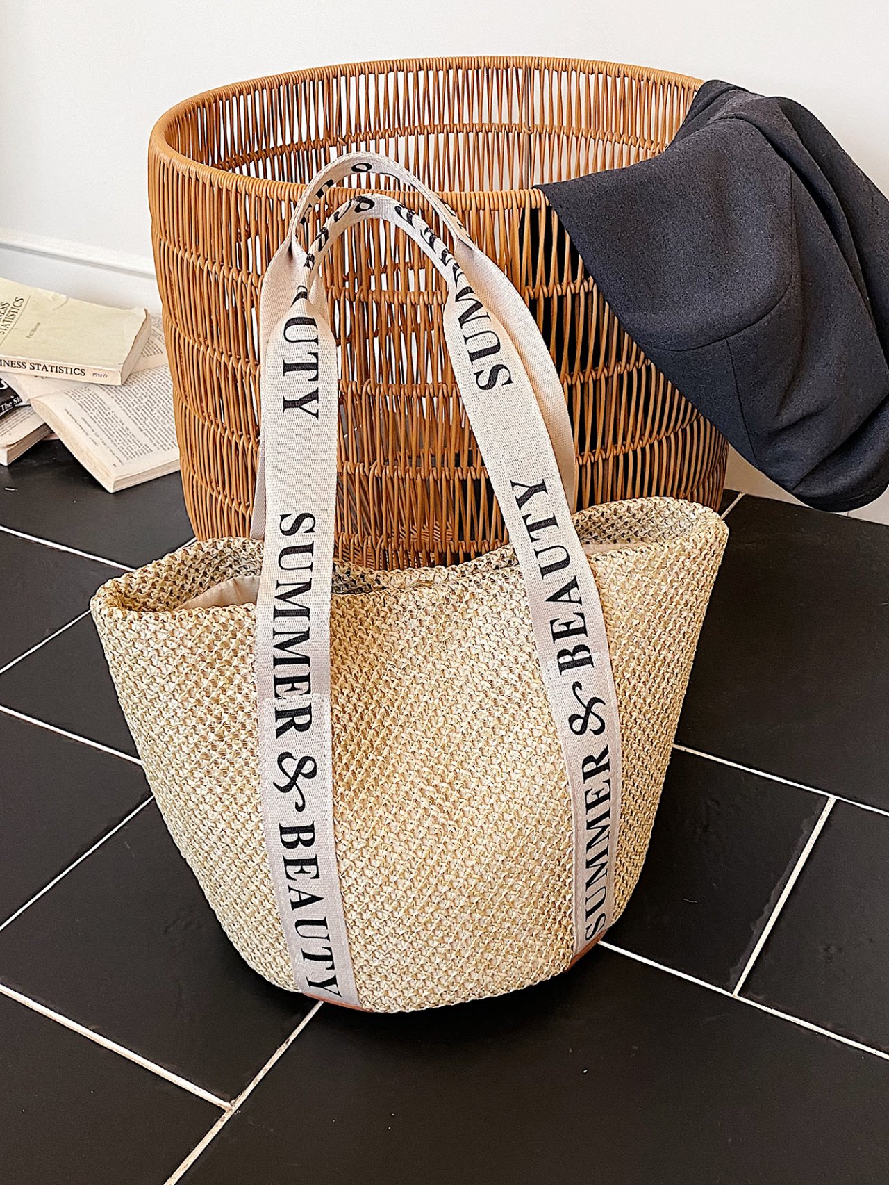 Khaki Woven Straw Shoulder Bag with Summer and Beauty Strap