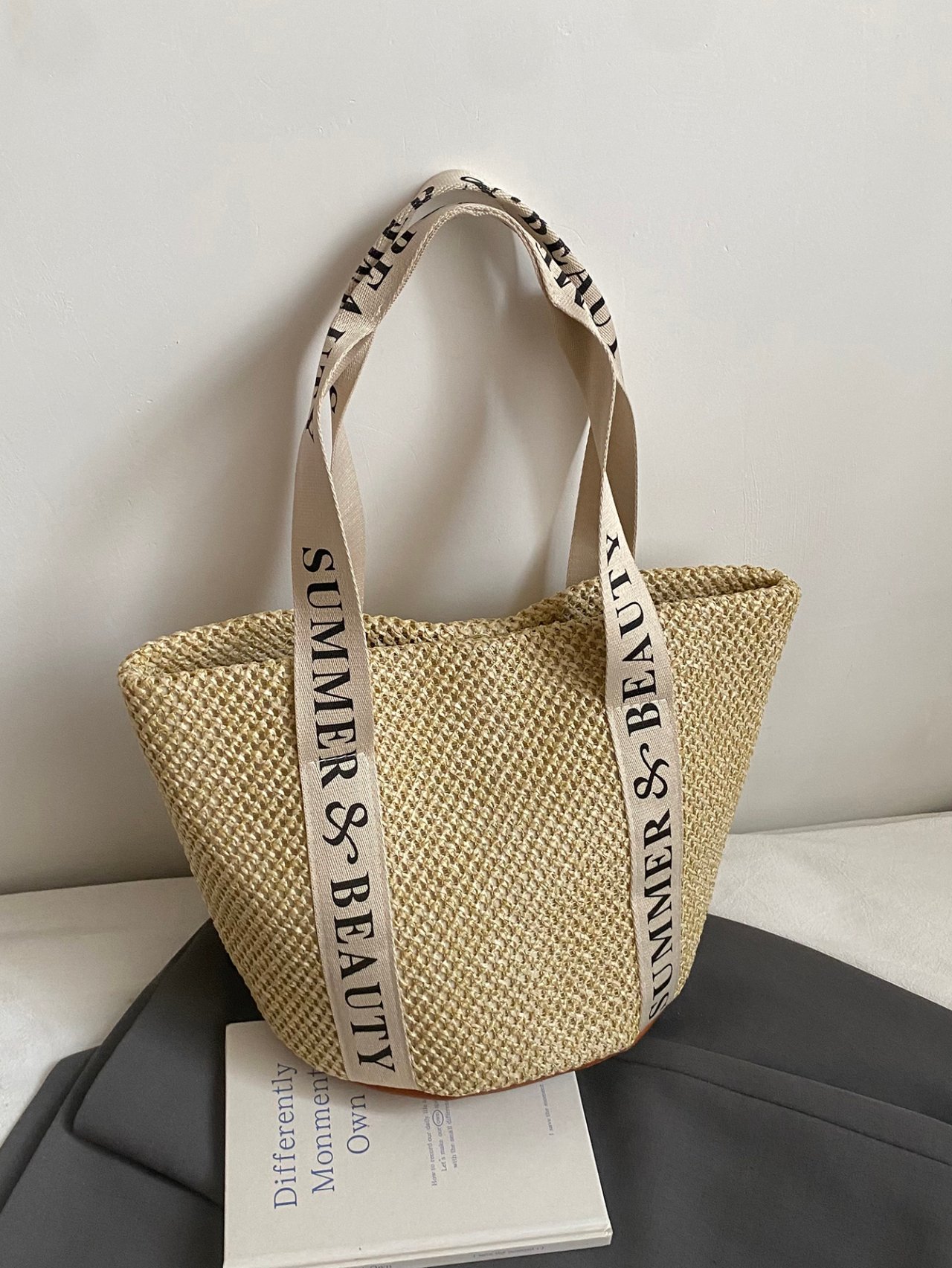 Khaki Woven Straw Shoulder Bag with Summer and Beauty Strap