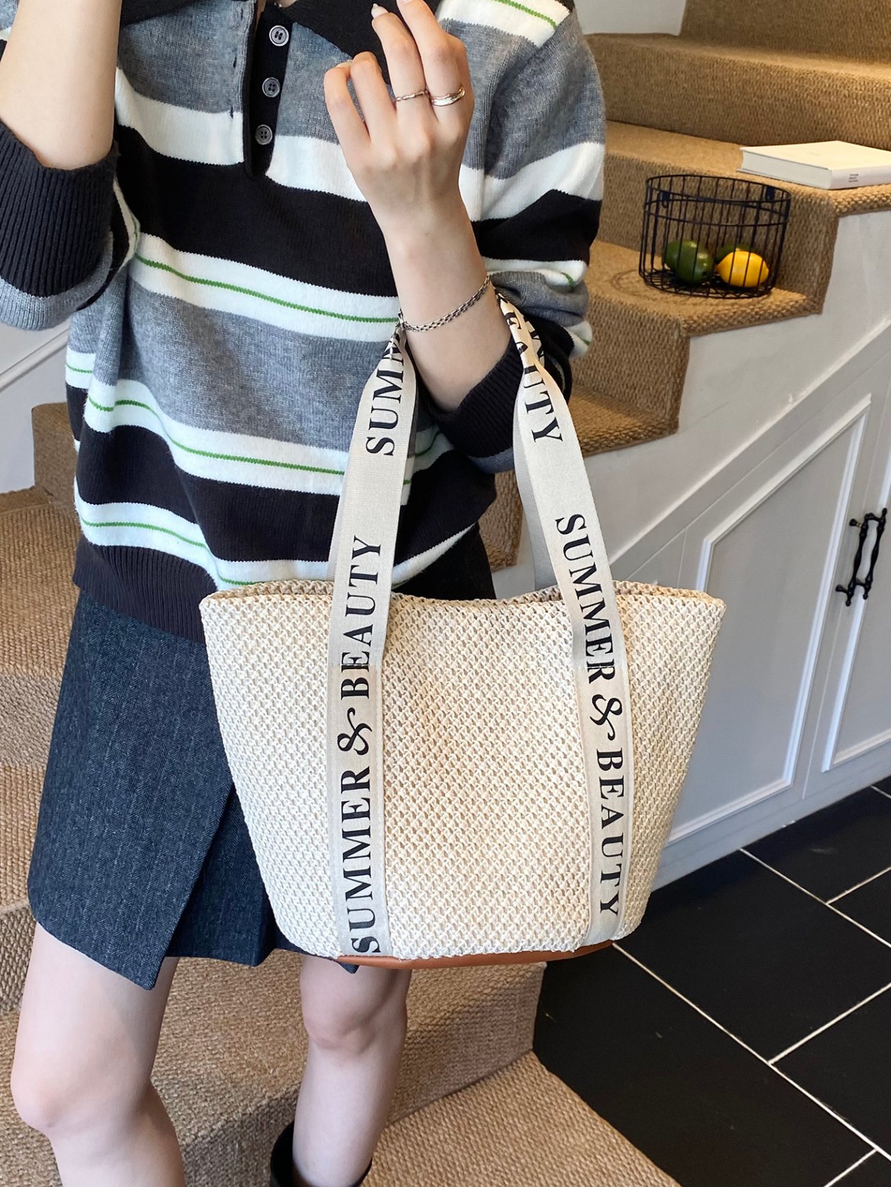 White Woven Shoulder Bag with Summer and Beauty Strap