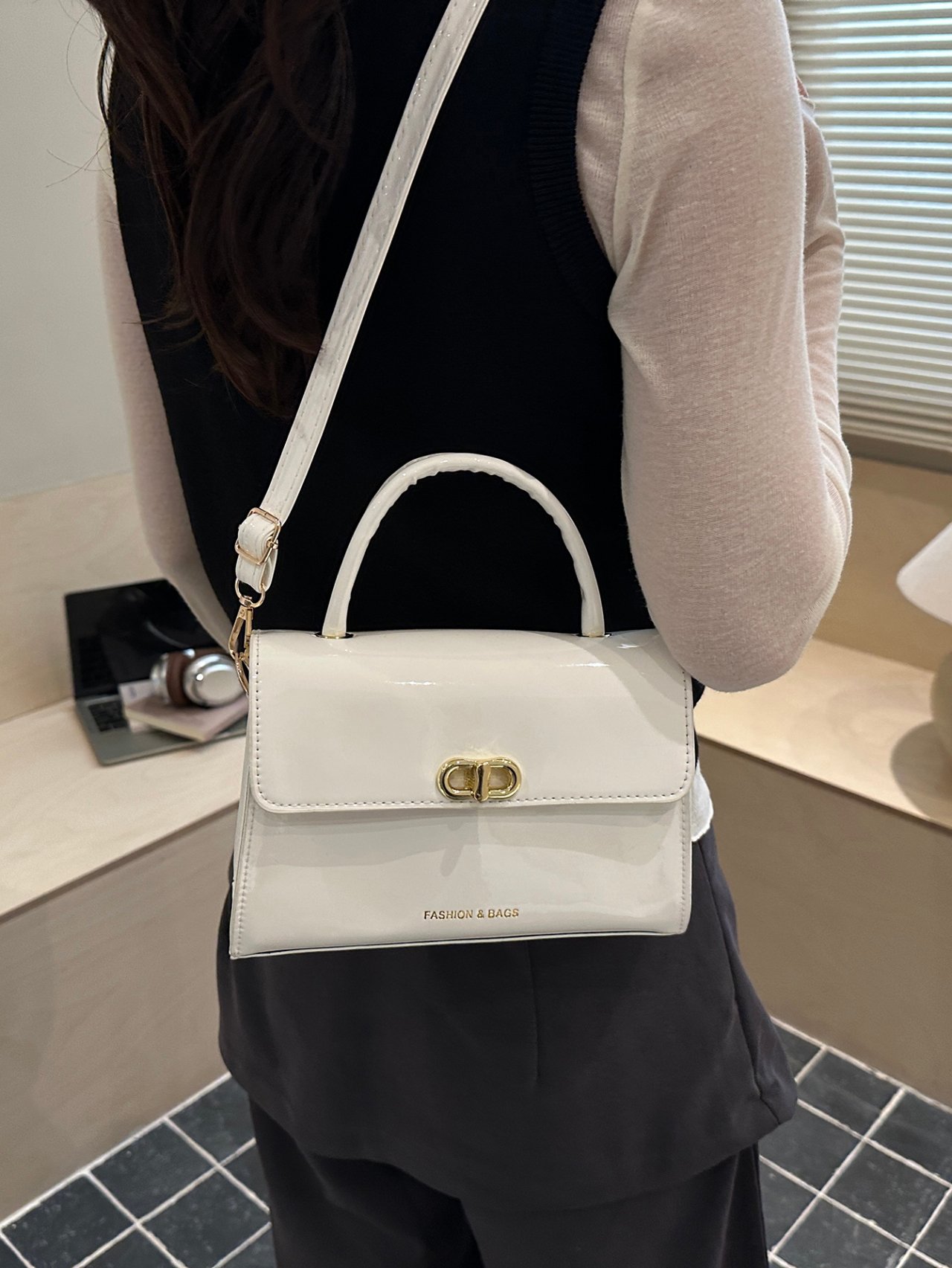White Patent Faux Leather Crossbody Bag with Top Handle
