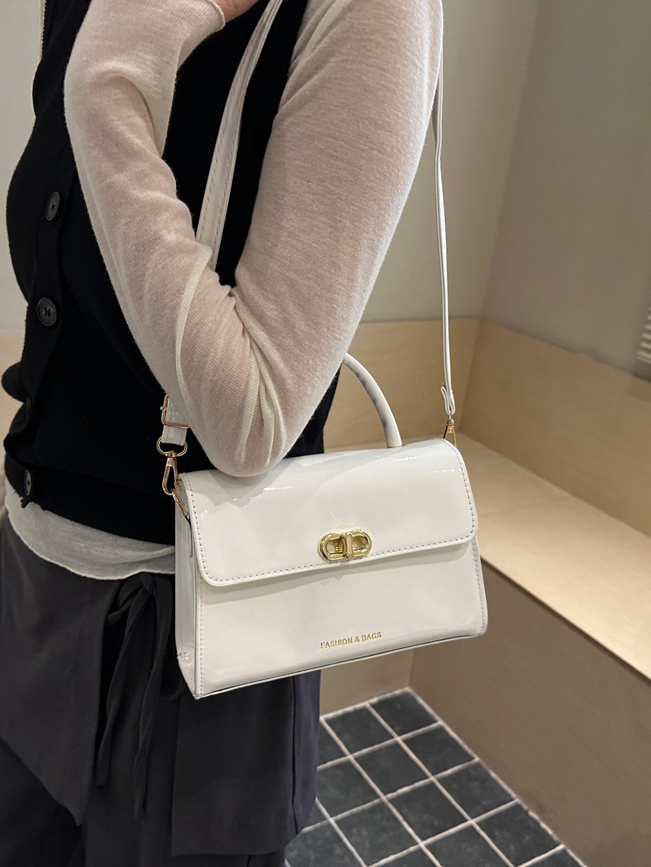 White Patent Faux Leather Crossbody Bag with Top Handle