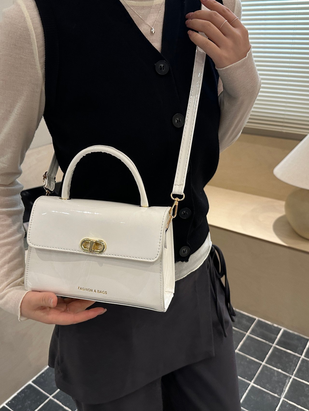 White Patent Faux Leather Crossbody Bag with Top Handle