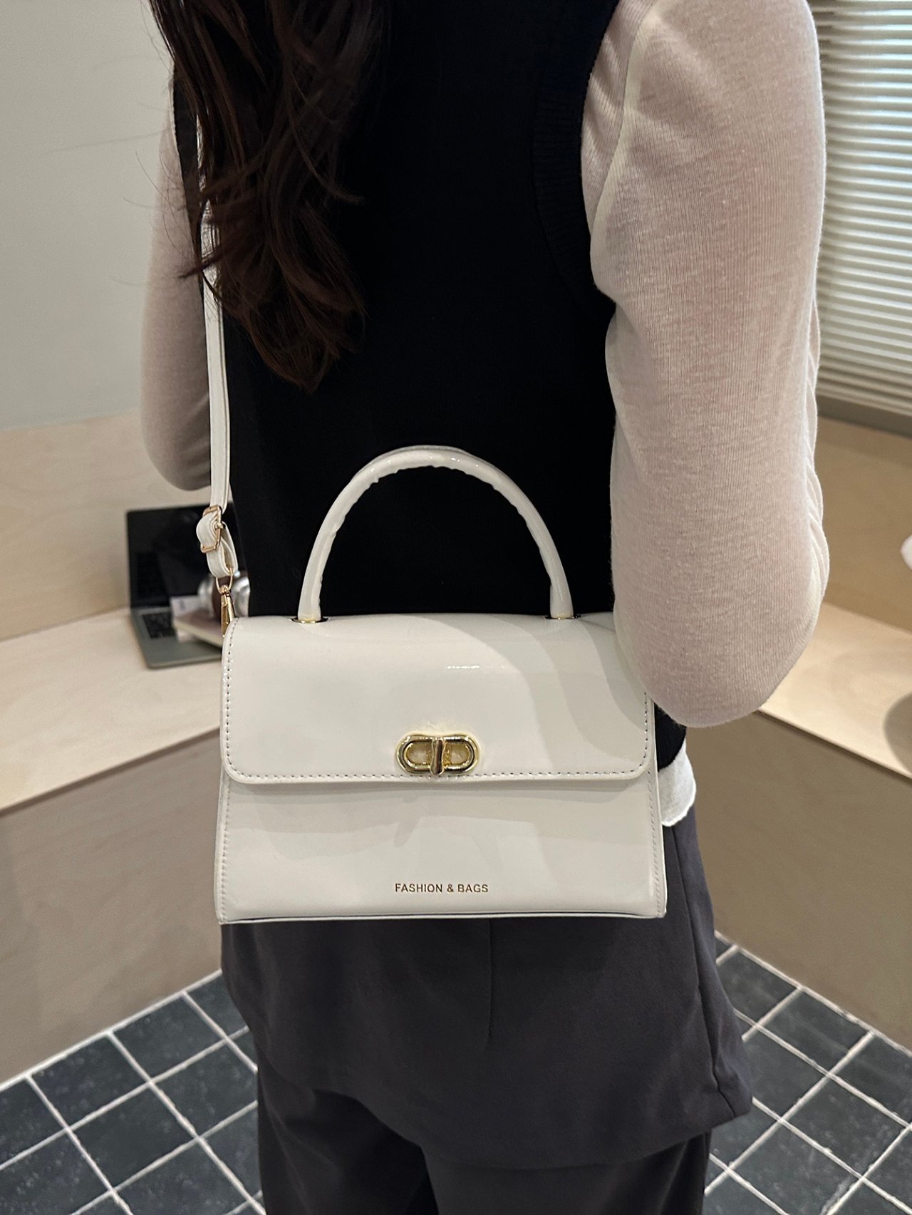 White Patent Faux Leather Crossbody Bag with Top Handle