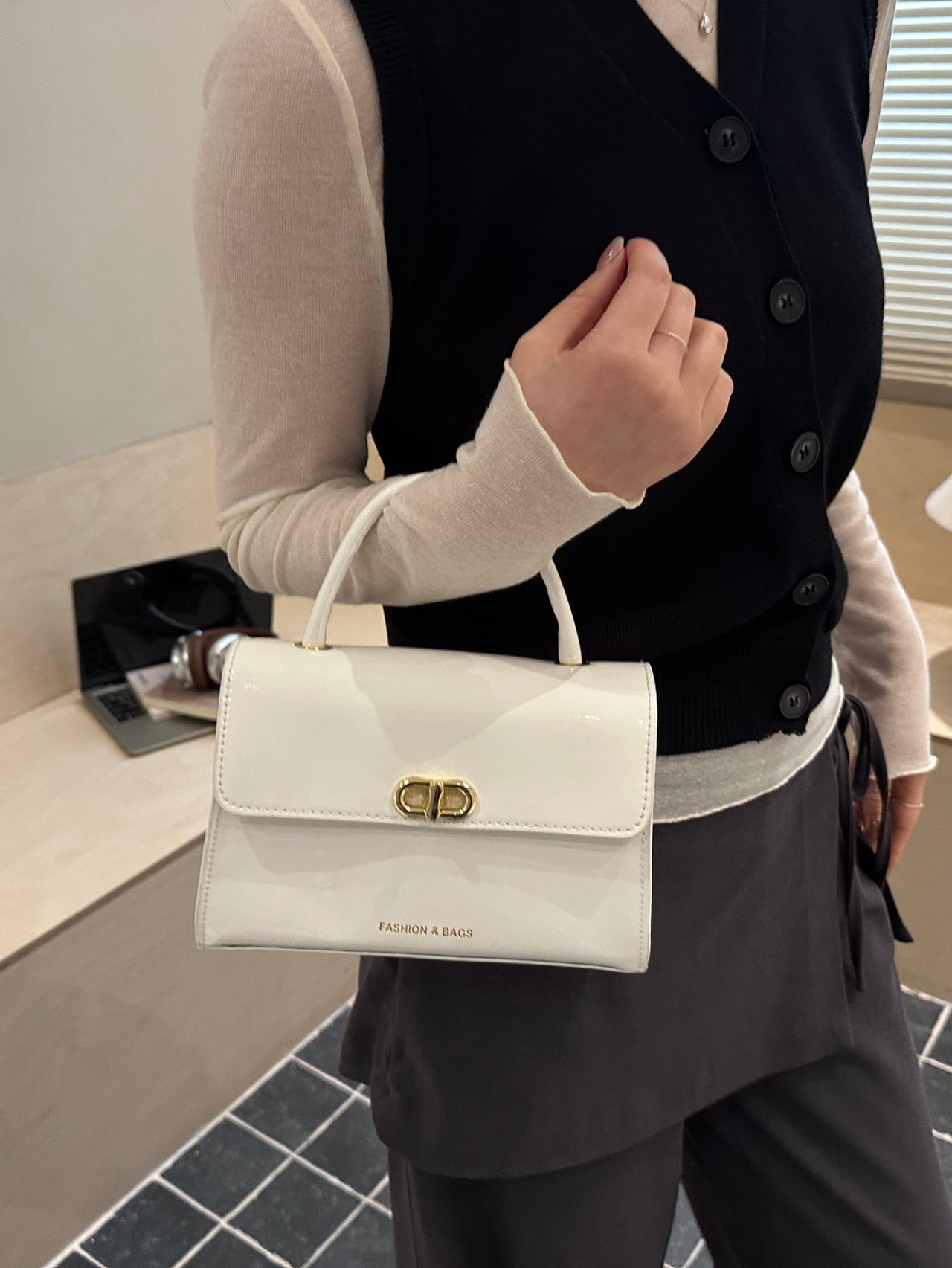 White Patent Faux Leather Crossbody Bag with Top Handle