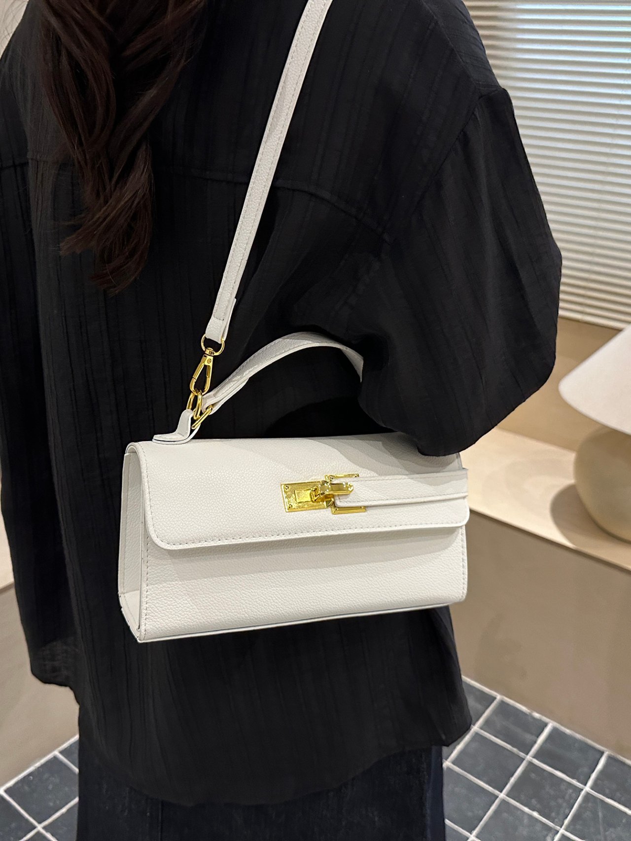 White Faux Leather Crossbody Bag with Gold Hardware