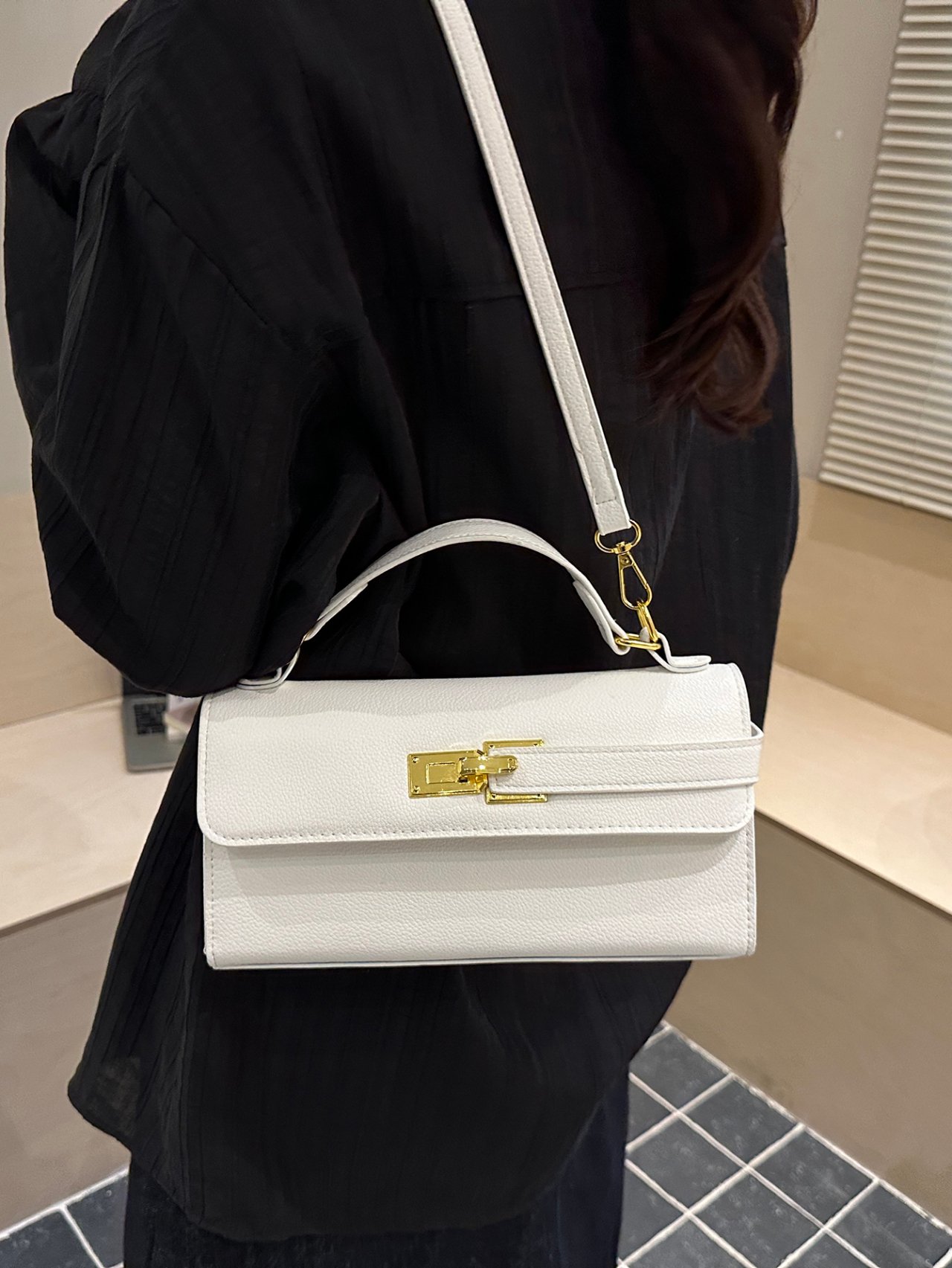 White Faux Leather Crossbody Bag with Gold Hardware