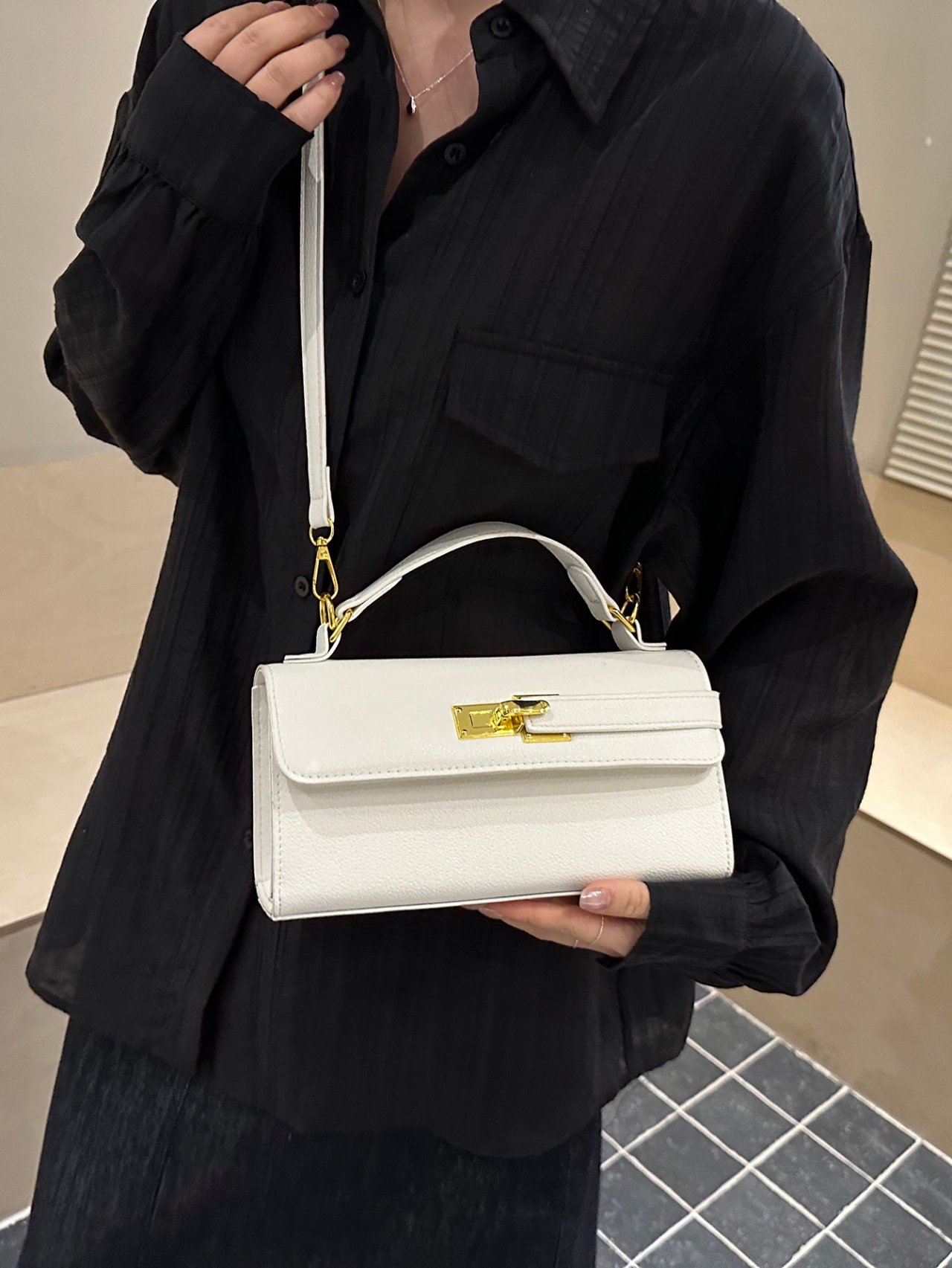 White Faux Leather Crossbody Bag with Gold Hardware