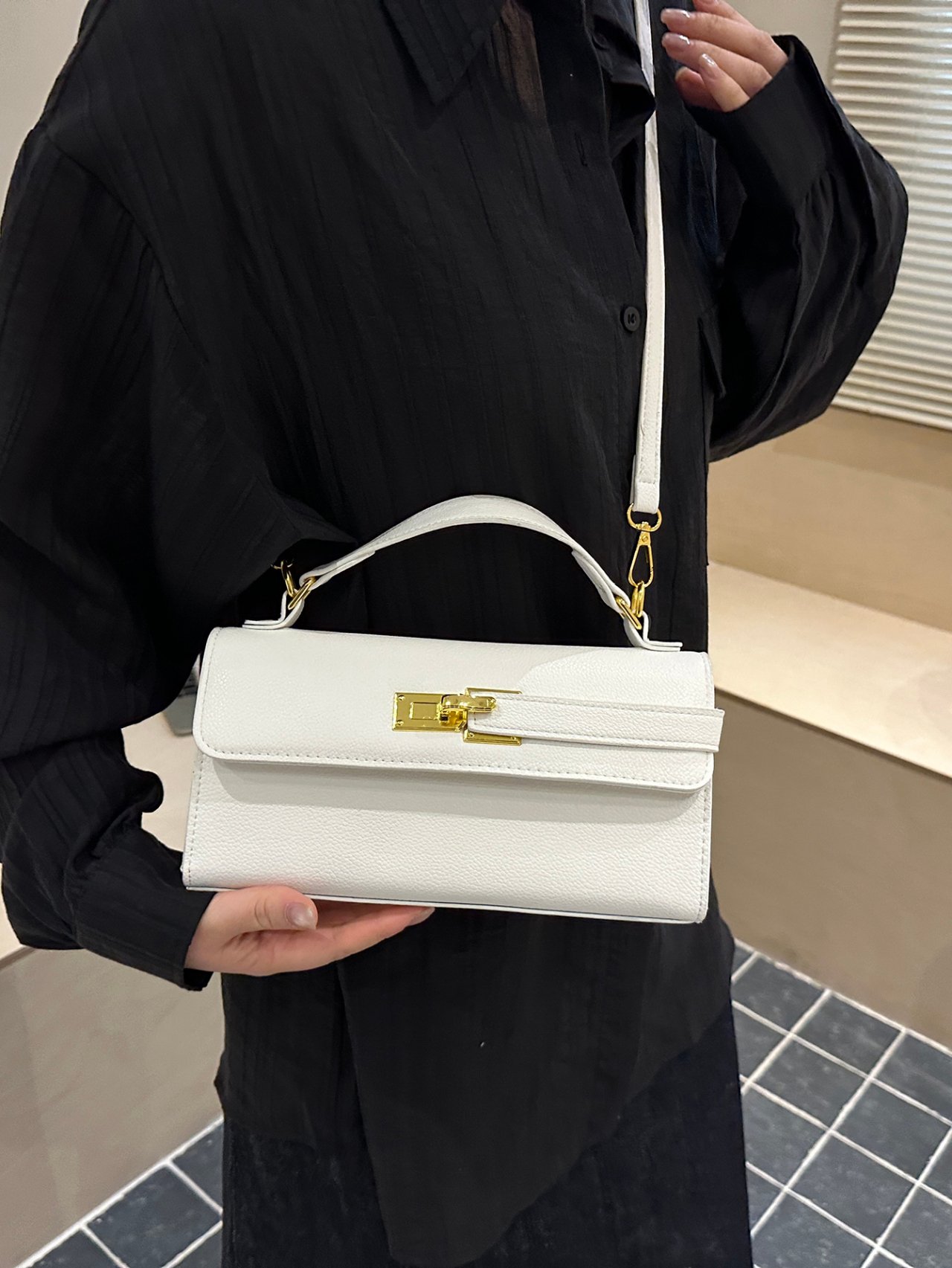 White Faux Leather Crossbody Bag with Gold Hardware
