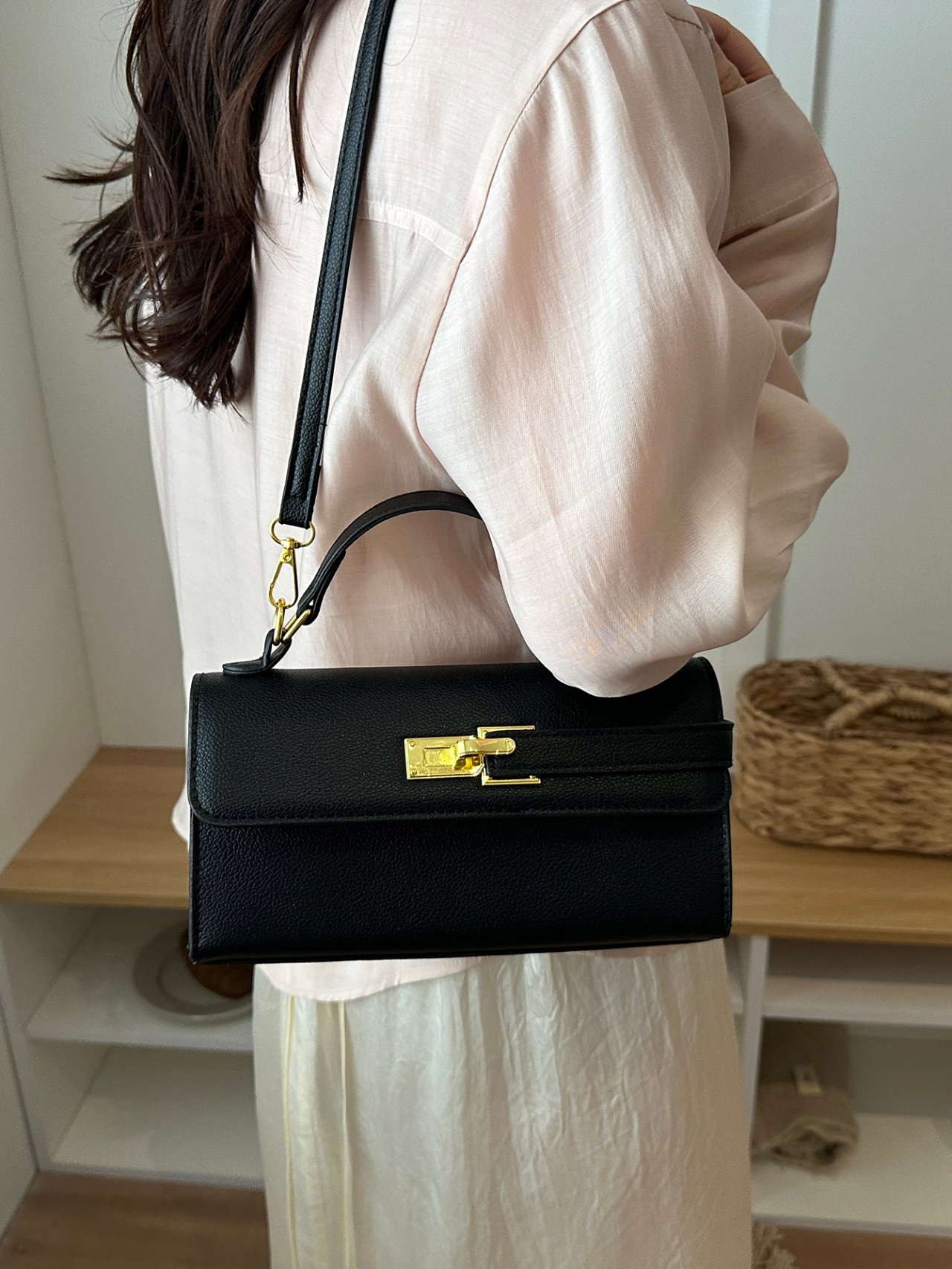 Black Crossbody Bag with Gold Hardware