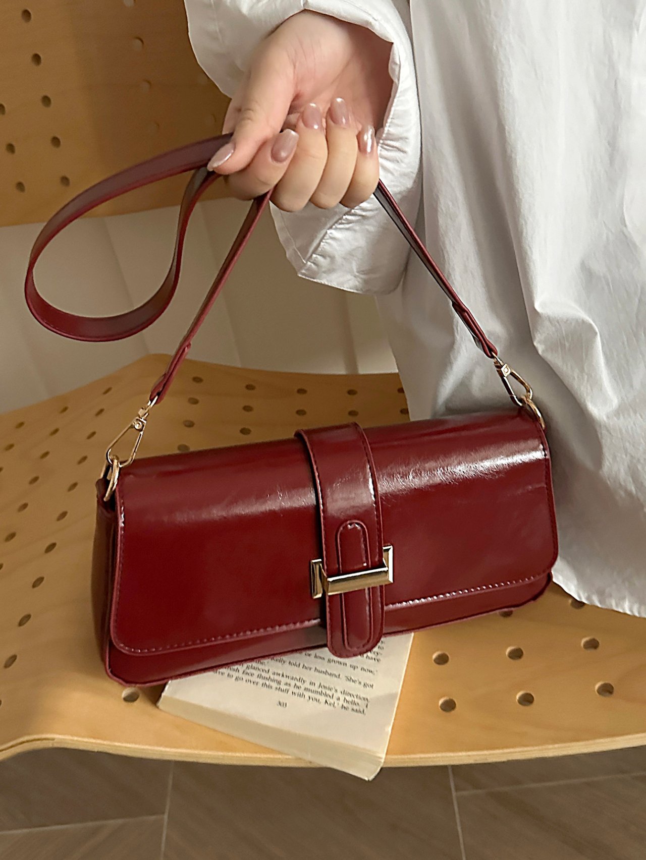 Burgundy Patent Flap Shoulder Bag