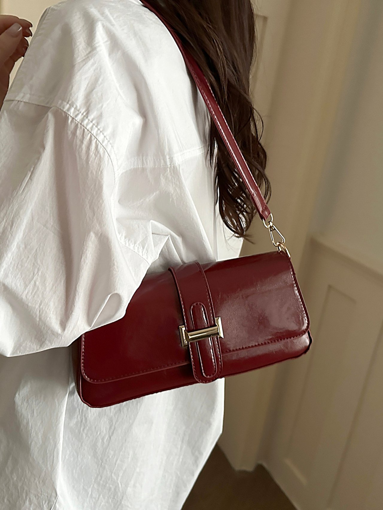 Burgundy Patent Flap Shoulder Bag