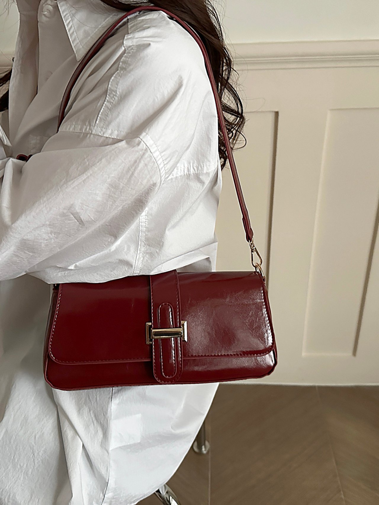 Burgundy Patent Flap Shoulder Bag