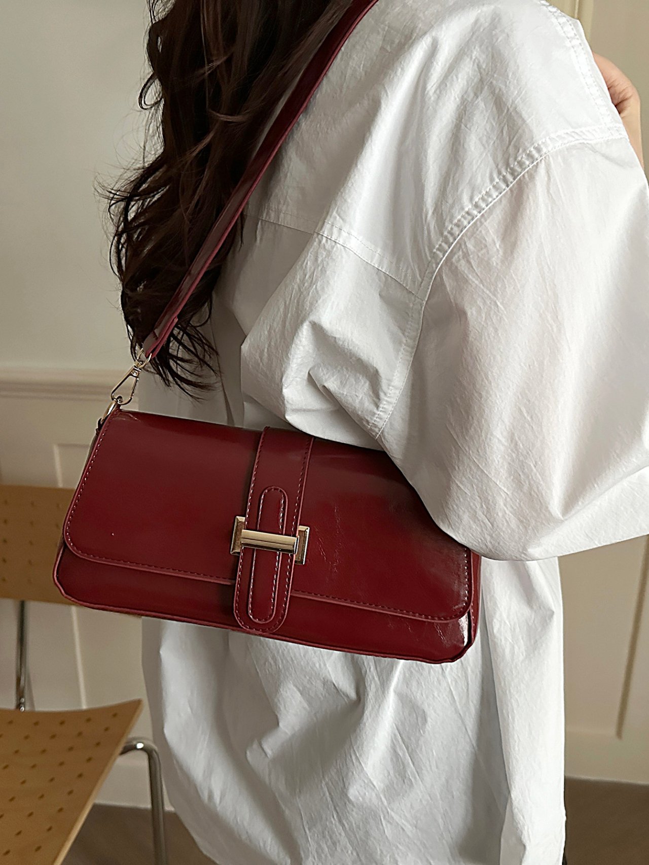 Burgundy Patent Flap Shoulder Bag